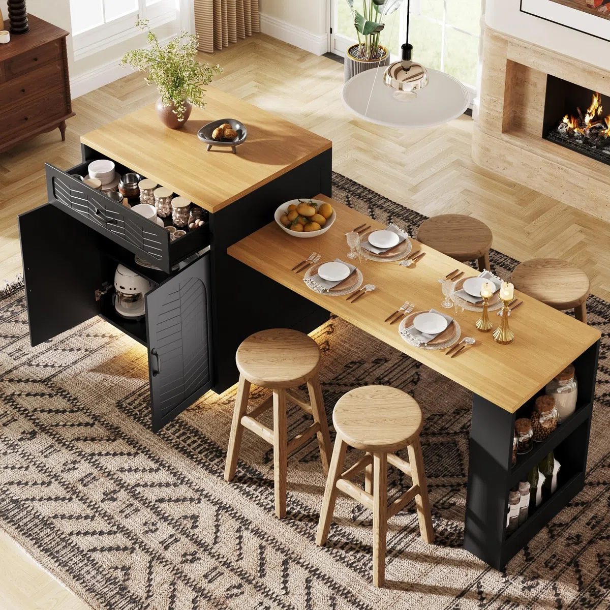 YEHTOKHOME Isla Central Cocina con encimera extensible 140-193 cm, mesa de bar con almacenamiento, 2 cajones y 4 puertas, armario de vino, iluminación LED, para 4-6 personas, comedor (negro)