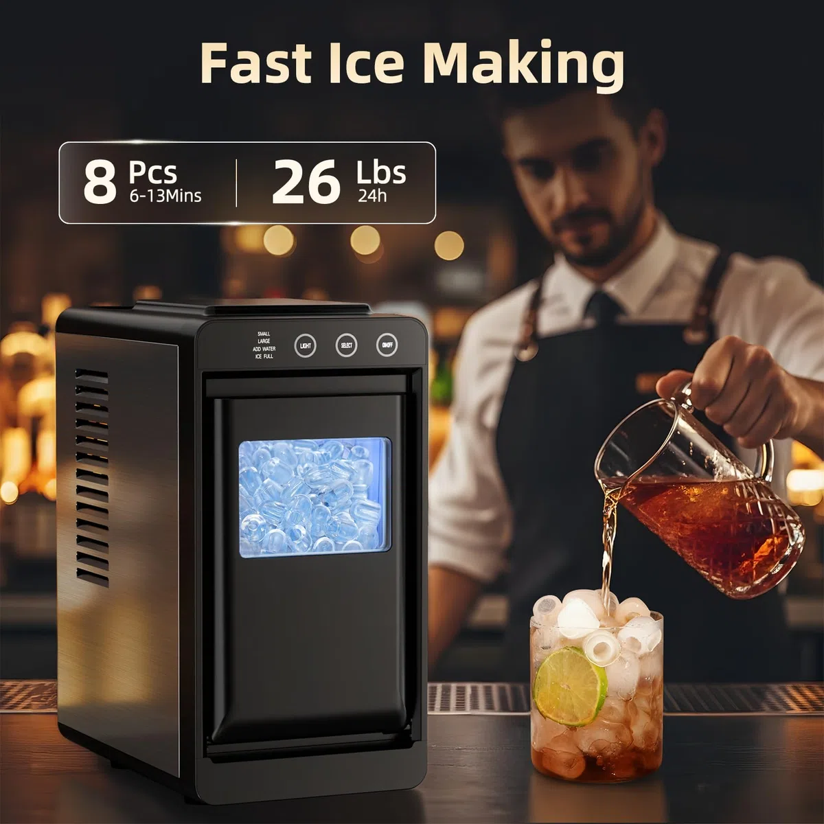 Antarctic Star Máquina de hielo, 26 libras en 24 horas, 8 cubos en 6 minutos, tanque de 0.8 litros y almacenamiento de 1 libra, limpieza automática con cesta y cuchara, portátil para el hogar/cocina