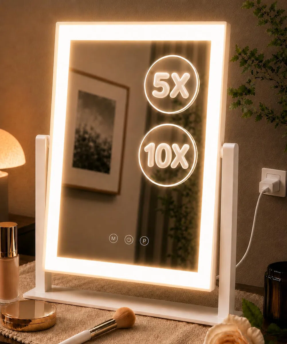 Decadence Espejo de maquillaje LED de 17.3 pulgadas con luces para mujeres y mamá, lupas desmontables 10X/5X, 3 modos de color, control táctil regulable, rotación de 360 grados, espejo cosmético de