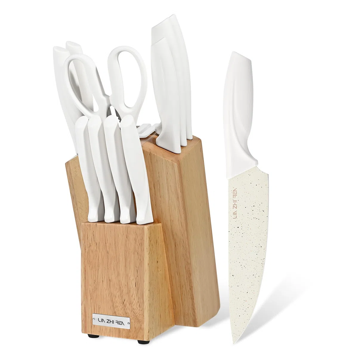Juego de 13 Cuchillos de Cocina con Bloque y Afilador Integrado | Acero Inoxidable | Mango Ergonómico Antideslizante | Apto para Lavavajillas | Color Blanco