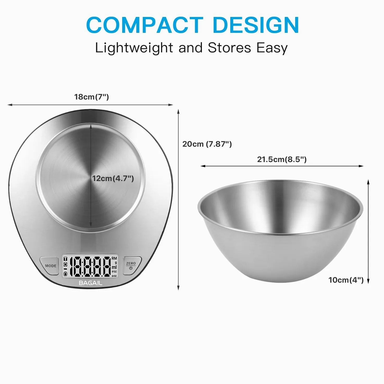 BAGAIL BASICS Báscula electrónica de cocina de alta calidad, báscula de respaldo de pantalla grande, báscula de pesaje de alimentos húmedos y secos con cuenco de mezcla de acero inoxidable, 5 kg