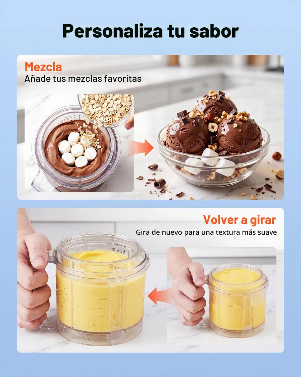 VEVOR Máquina para Hacer Helados 800 W, Heladera Casera con 7 Modos Preestablecidos, 2 Vasos de 0,5 L, Función de Mezcla con Un Solo Toque, para Preparar Gelato, Sorbete, Batido, Yogur Helado