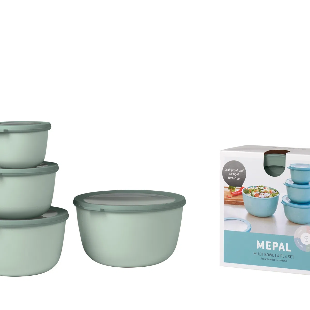 Mepal - Multi Bowl Cirqula Redondo 4-Partes - Caja de Almacenamiento de Alimentos con Tapa - Caja de Almacenamiento Hermética para Nevera y Microondas - 500, 1000, 2000 & 3000 ml - Nordic sage