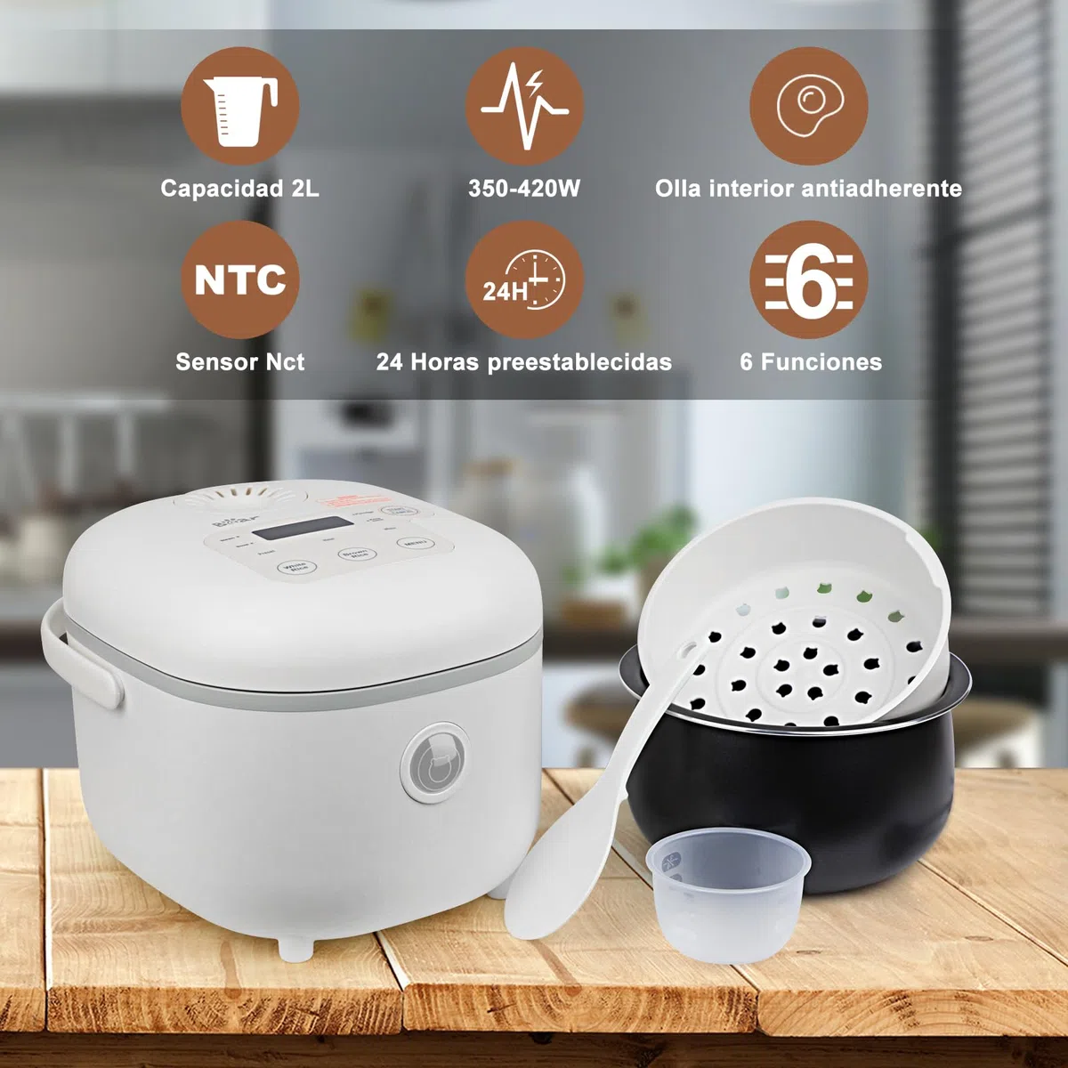 Bear Arrocera de 4 Tazas (sin cocer) con Vaporera, Mini Rice Cooker Multifuncional de 350W,6 Funciones de Cocción de arroz para 2-4 Personas,Blanco