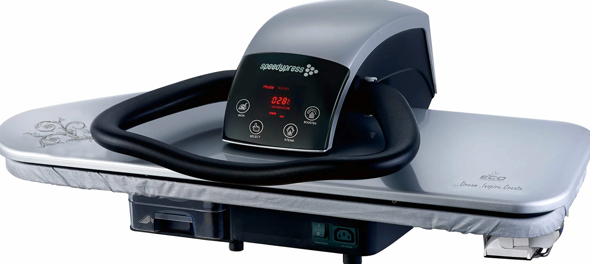 Speedypress - Prensa de planchado a vapor 91HD, color plateado, resistente, profesional, 91 cm con soporte (+ accesorio de plancha gratis, filtro de agua anticalcáreo, cubierta de repuesto y fieltro