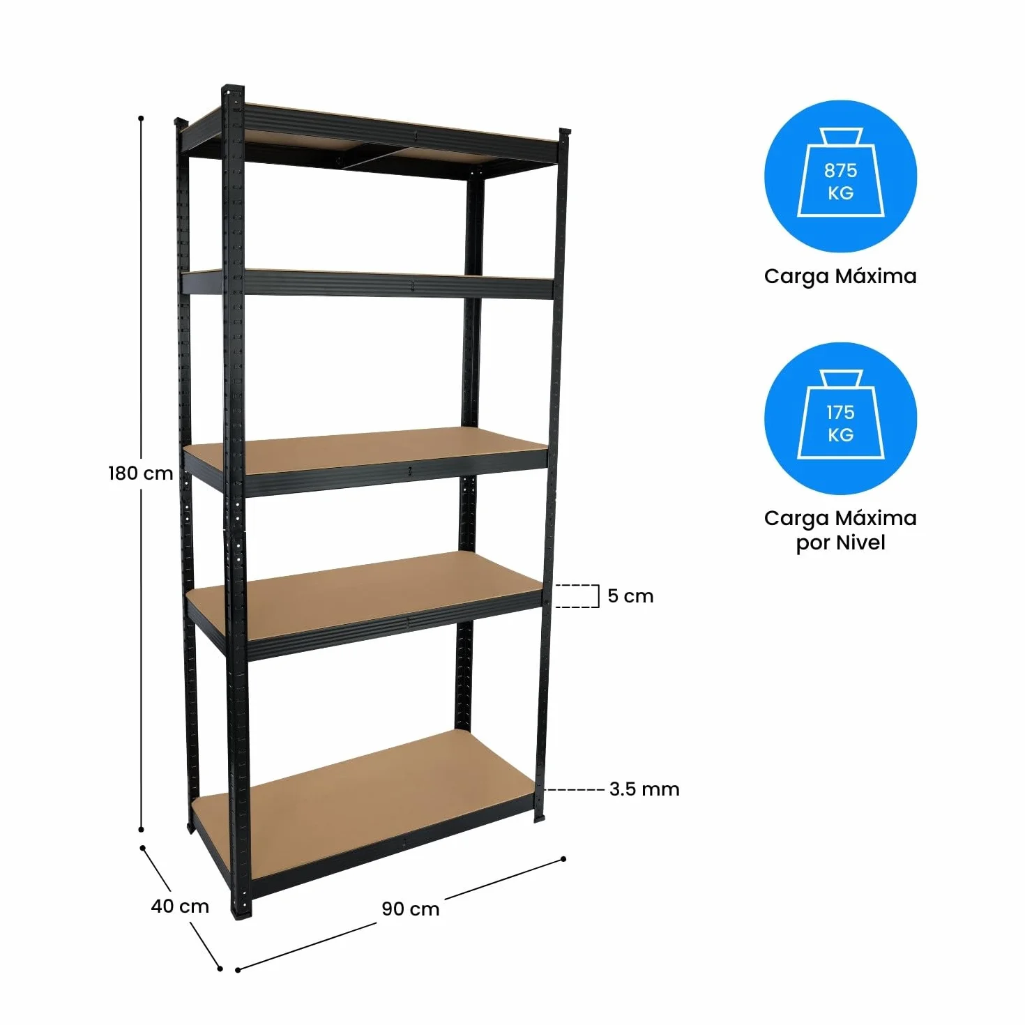 THINIA HOME - Estantería Modular Almacenaje (Pack 2), Acero y MDF Antihumedad, Hogar, Trastero, Garaje, 5 Baldas Ajustables, Carga Máxima 875Kg, 90x40x180cm (Largo x Ancho x Alto)