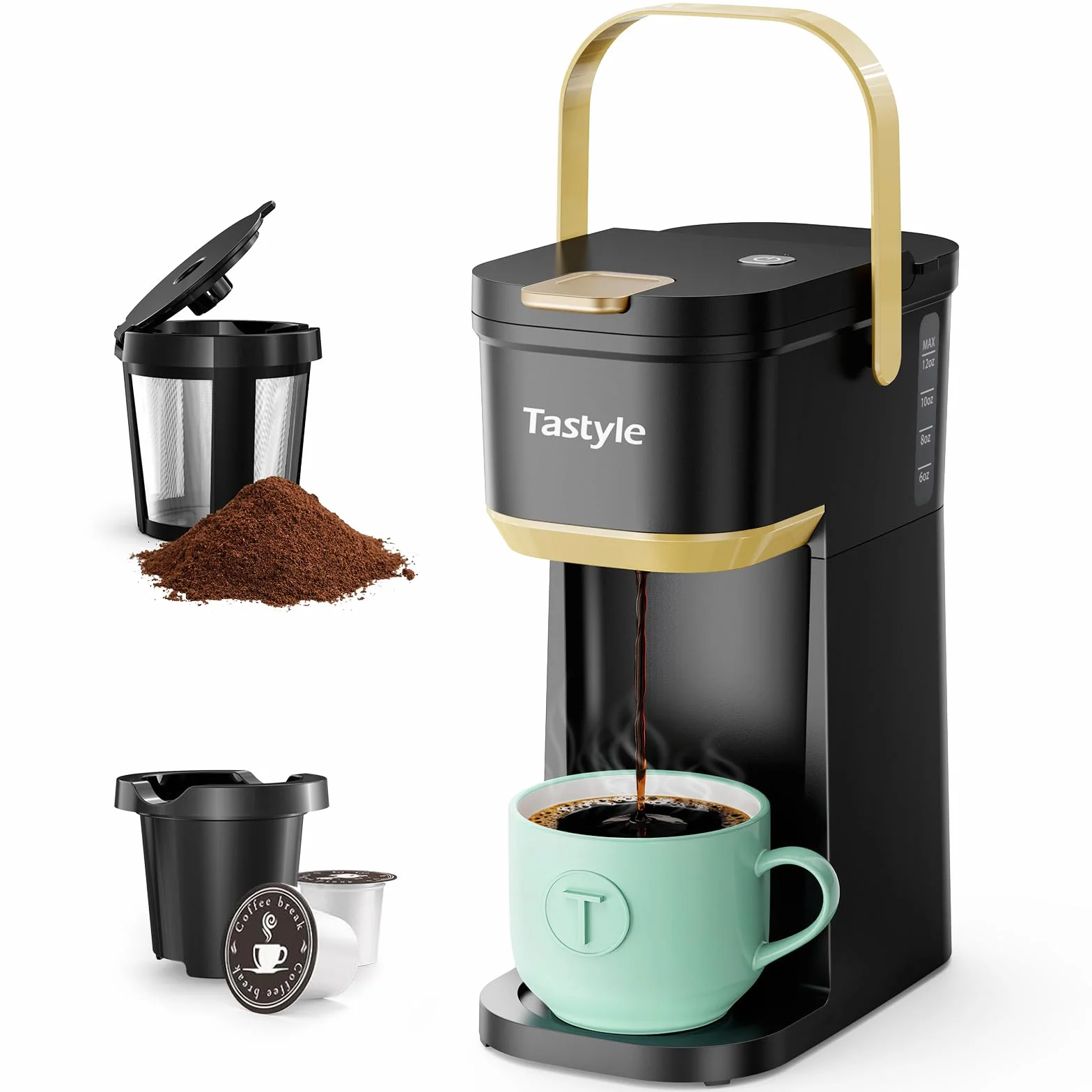 Tastyle - Cafetera de una sola taza para tazas K y molidos, mini cafetera con mango portátil, tamaño de cerveza de 6 a 12 onzas, para viajes, camping, oficina, RV y recámara, 120 V, negro y dorado