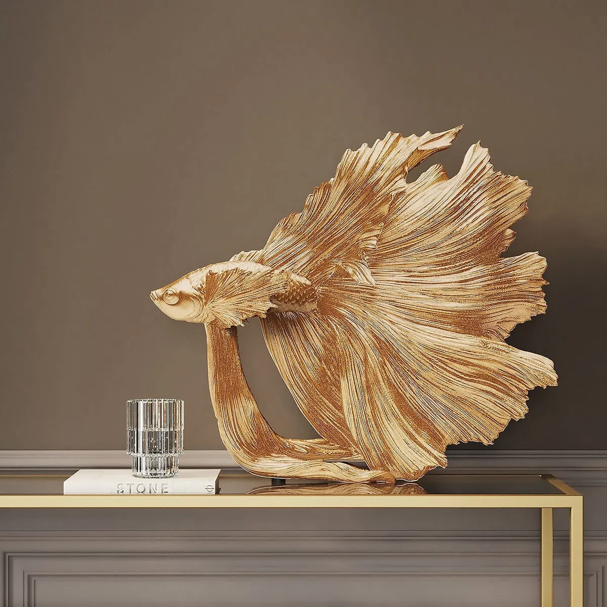 Kare Design Figura decorativa Betta Fish, oro, 32x35 cm | Hecha a mano, aspecto brillante, pez decorativo, elegante idea de regalo, para el salon