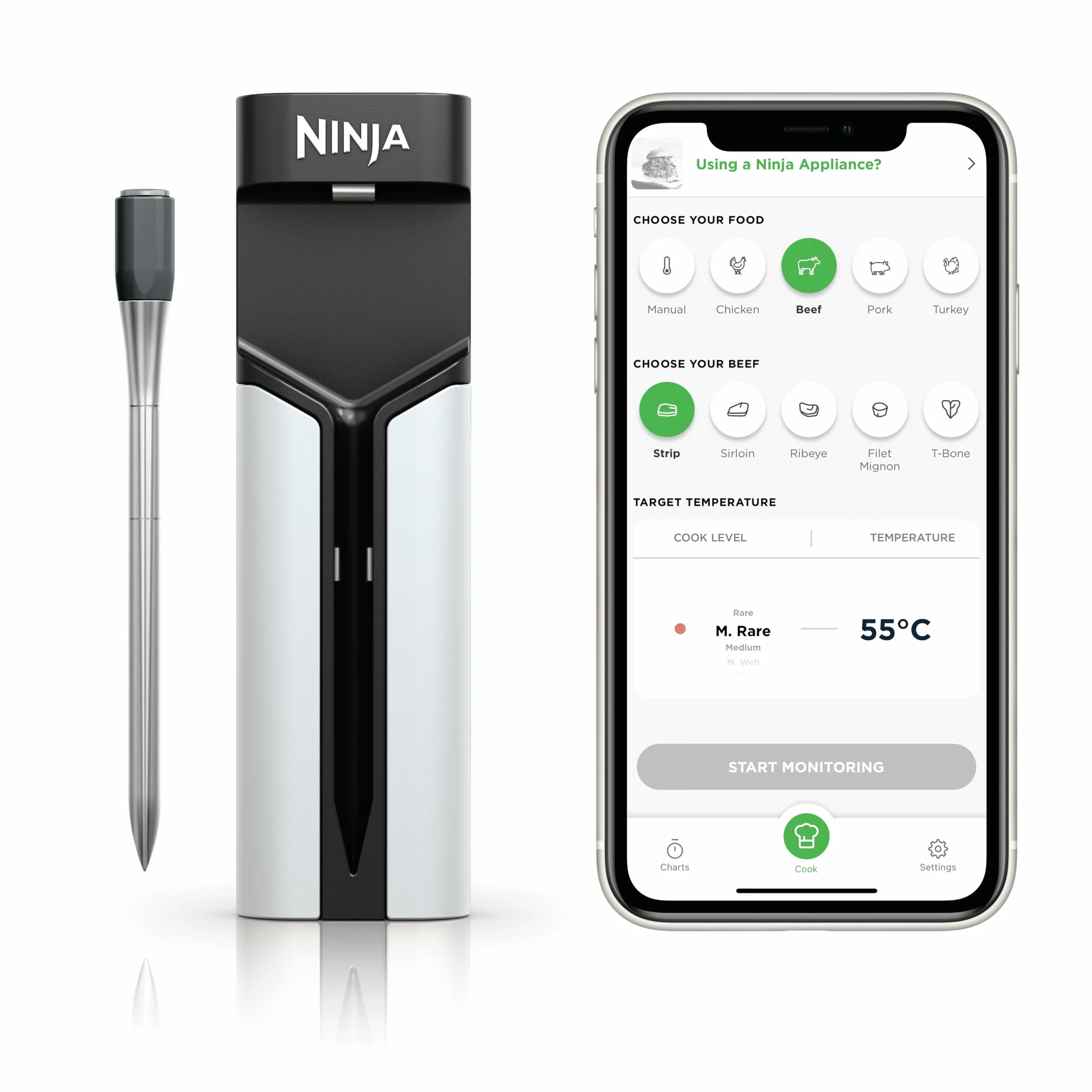 Ninja ProChef Sensor digital de cocina inalámbrico, uso exterior e interior, cocinar, asar y freír con aire, resistente al agua, Bluetooth alcance 50m, conexión a app, automomía 30 h, WP100EU