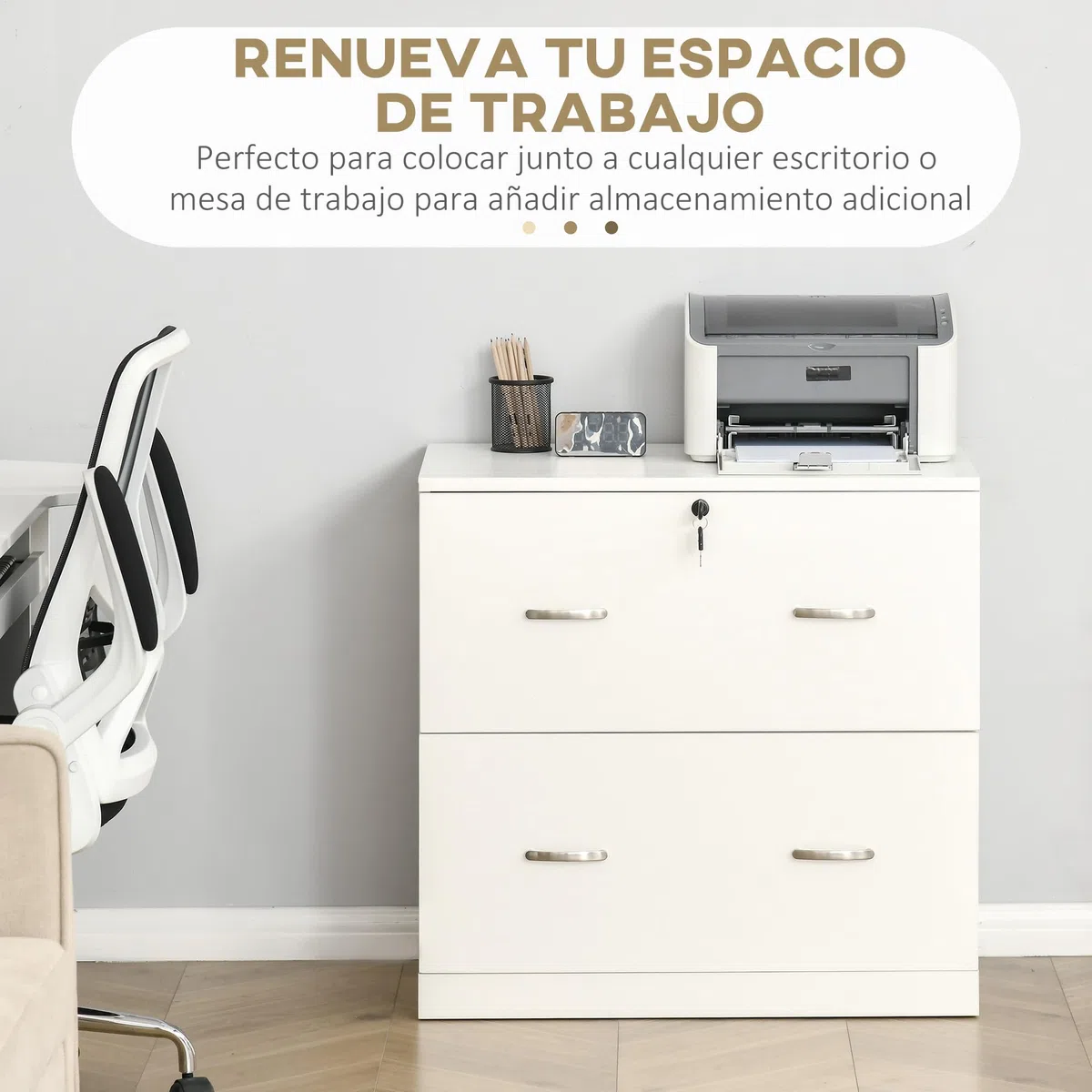 Vinsetto Cajonera de Escritorio con 2 Cajones Cajonera de Oficina con Guías para Carpetas Colgantes para A4 Cerradura y 2 Llaves para Estudio Salón 74x42x72 cm Blanco