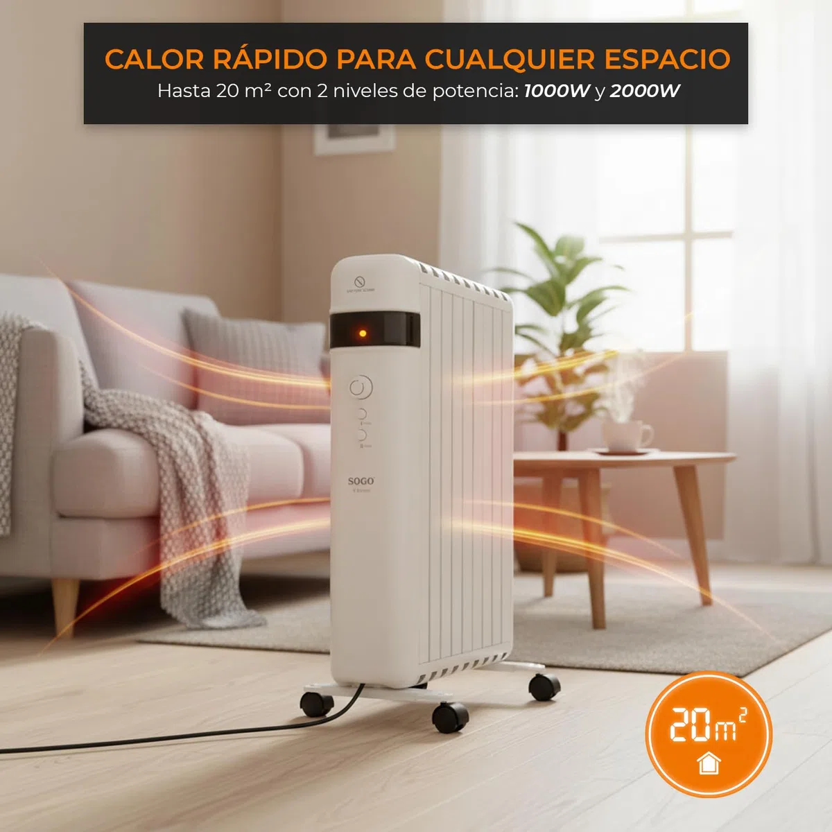 SOGO Calefactor Eléctrico Bajo Consumo Silencioso con Termostato Ajustable - Estufa Eléctrica sin Aceite 2000W con Protección Sobrecalentamiento - Radiador Portátil para Hogar, Oficina, Dormitorio