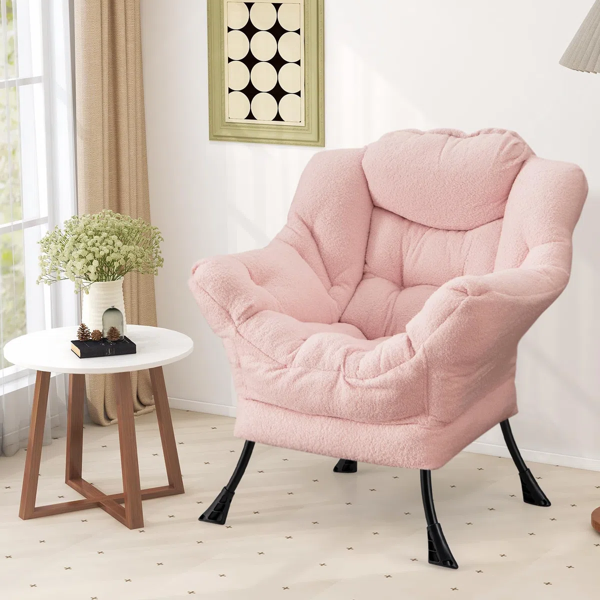 HOMASIS Sillón reclinable tapizado, sillón con reposabrazos y Almohada, sillón de Lectura con Bolsillo Lateral, sillón TV en Tela y Metal para salón Dormitorio (Modelo 1 sin Taburete, Rosa)
