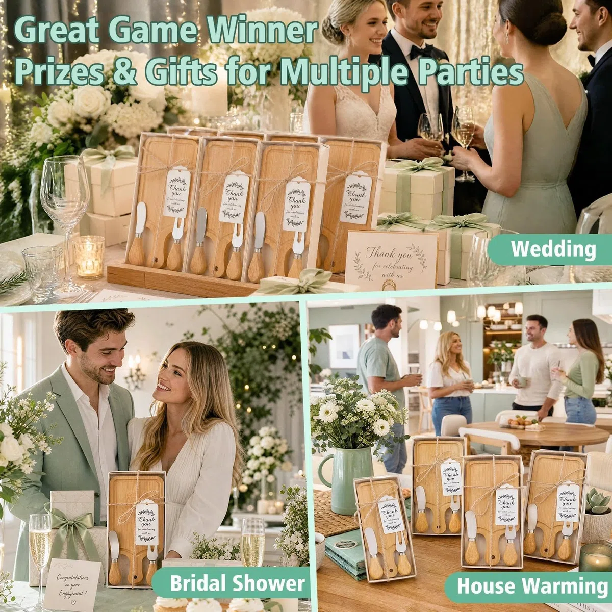 Regalos de 3 piezas para baby shower (6 juegos) para premios de invitados, premios de despedida de soltera para ganadores del juego, juego de regalo de tabla de queso con tablas de embutidos