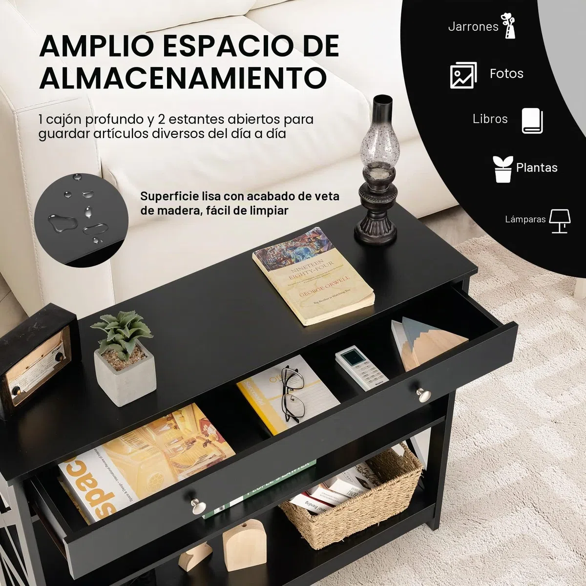 GIANTEX Mesa de Consola de 3 Niveles con Cajón y 2 Estantes Abiertos, Mesa de Entrada con Kit Antivuelco, 100 x 30 x 80 cm, Estantería de Almacenamiento para Salón, Pasillo (Negro)