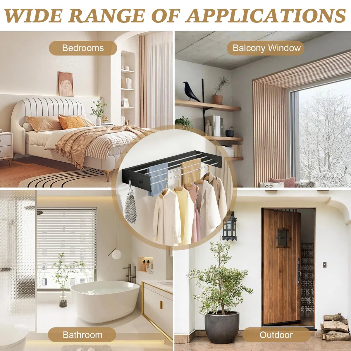 Tendedero de pared, con ganchos de actualización, fácil tendedero de pared, plegable, para interior o exterior, secadora de pared extensible para balcón (60 cm con 4 ganchos, negro)