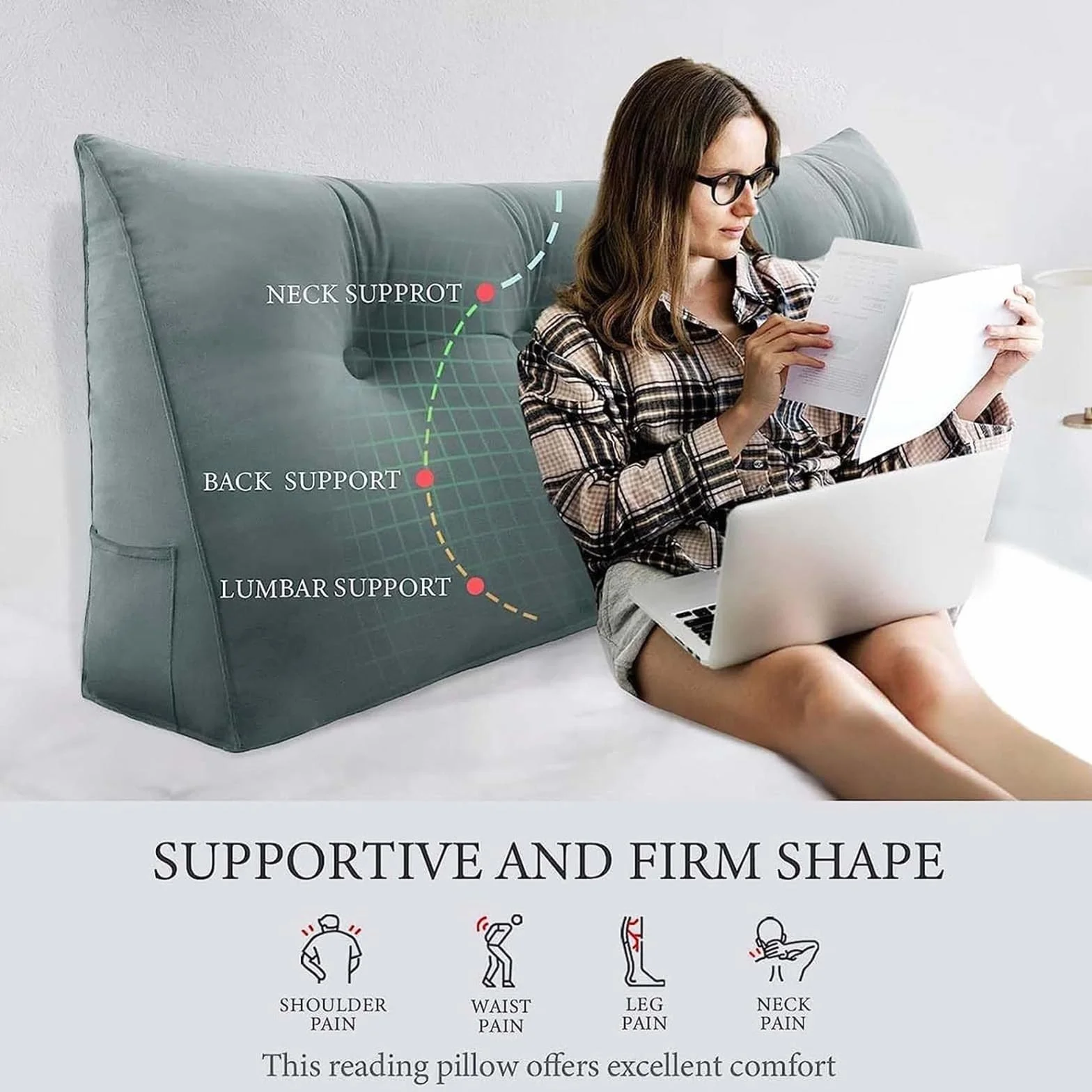 Cojín Cuña Triangular Cómodo Almohada De Lectura De Cabecera Respaldo Cabecero Desmontable Cojín Lumbar De Cuña Refuerzo De Apoyo De Posicionamiento Cojín Lumbar De Lectura,E,200cmx50cmx20cm