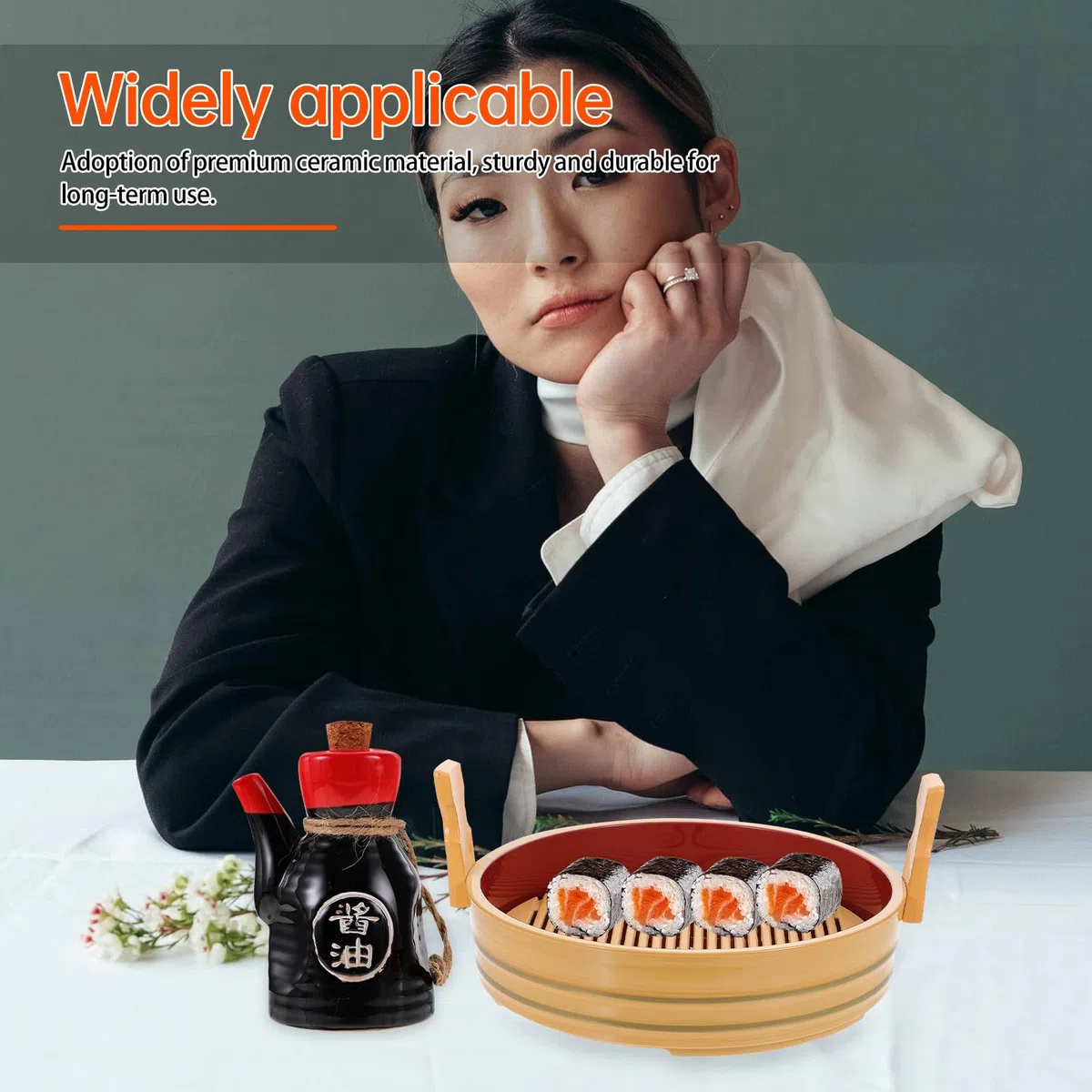 Juego de Dispensador de Salsa de Soya y Vinagre de Cerámica con Tapa de Corcho y Bandeja, Estilo Japonés Delicado para Uso Diario en Cocina, Capacidad 200ml