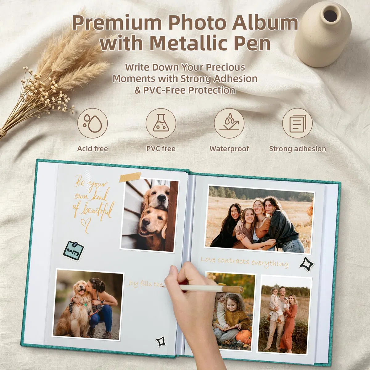 Popotop Álbum de fotos autoadhesivo con ventana de visualización de imágenes, 60 páginas, álbum de recortes para fotos de 4 x 6, 8 x 10 pulgadas, libro de recuerdos con cubierta de lino para boda de