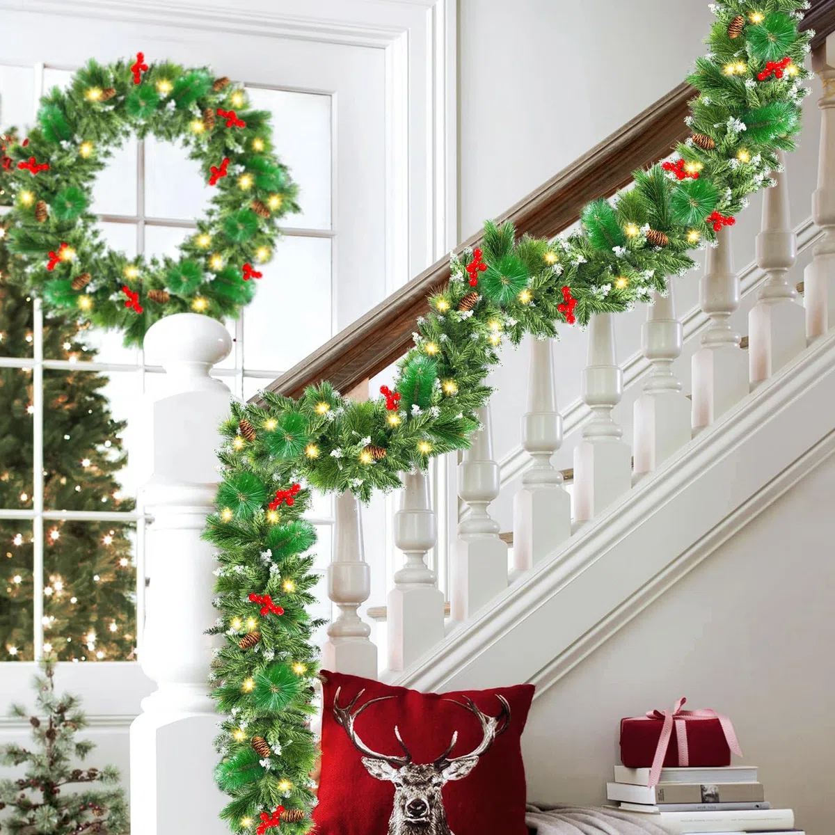 Guirnalda Navideña, 50 LED Guirnaldas Navideñas con Luces, 2.7 M/9ft Guirnalda Artificial con Pilas, para Puerta de Entrada/Chimenea/escaleras/árbol de Navidad