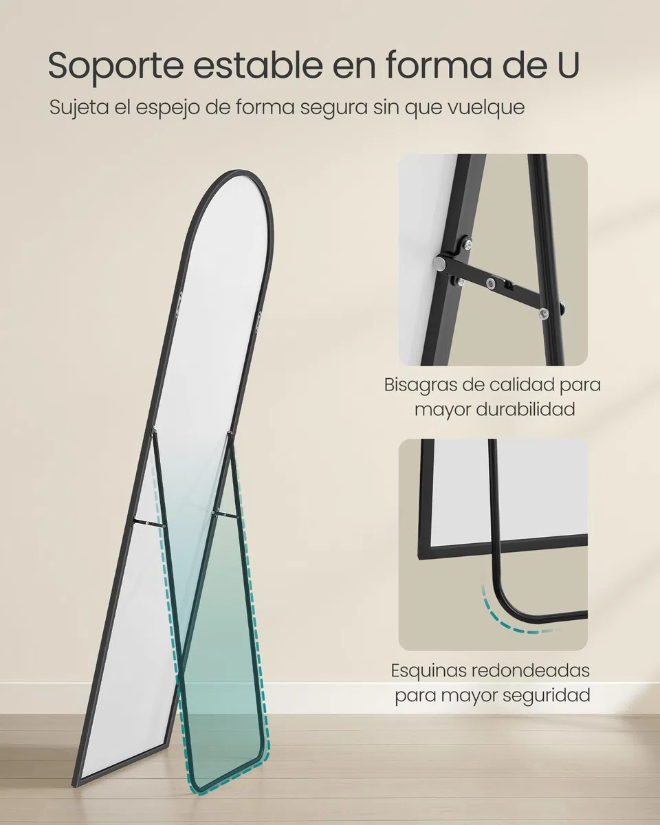 SONGMICS Espejo de Cuerpo Entero, 160 x 50 cm, Espejo Arqueado con Soporte, con Marco de Aleación de Aluminio, Cristal Templado, para Dormitorio, Salón, Vestuario, Navidad, Negro Tinta LFM031B01