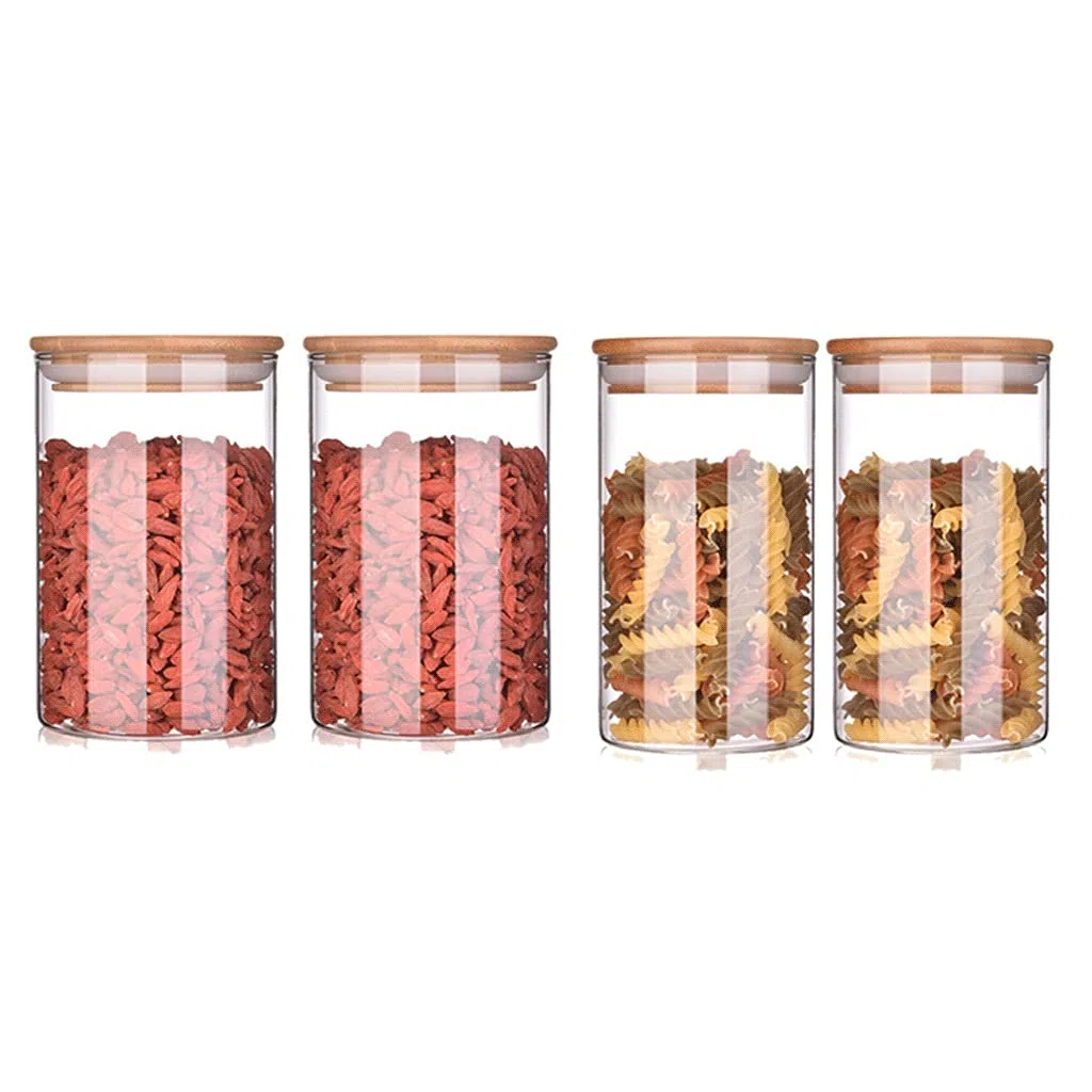 Tarros de té, 4 tarros herméticos de vidrio redondos transparentes con tapa, juego de recipientes apilables para cocina, baño, tarros apilables