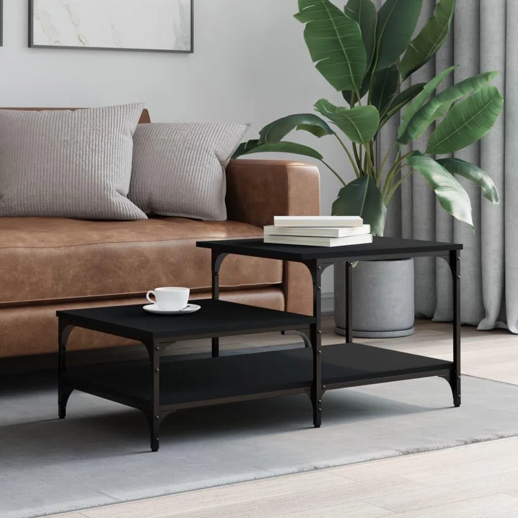 Mesa de centro negra 100 x 50,5 x 45 cm, moderna mesa de salón con 3 estantes y estructura de metal, mesa auxiliar de diseño industrial de madera, elegante mesa de sofá para salón