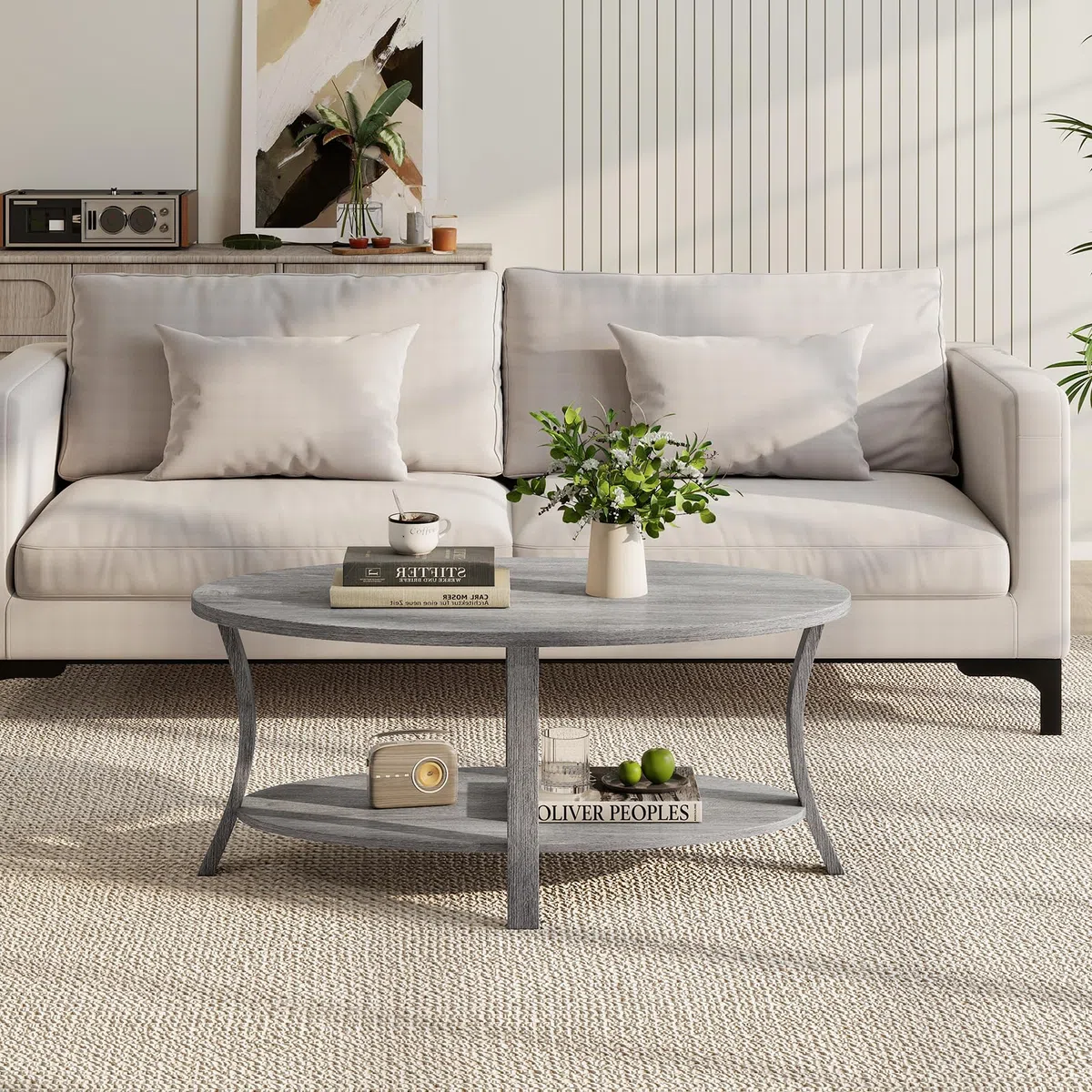GOPLUS Mesa de Café Ovalada, Mesa Decorativa de Madera de Caucho con Estante de Almacenamiento Abierto, Mesa de Centro de 2 Niveles con Patas de Soporte Robustas para Sala de Estar Estudio (Gris)