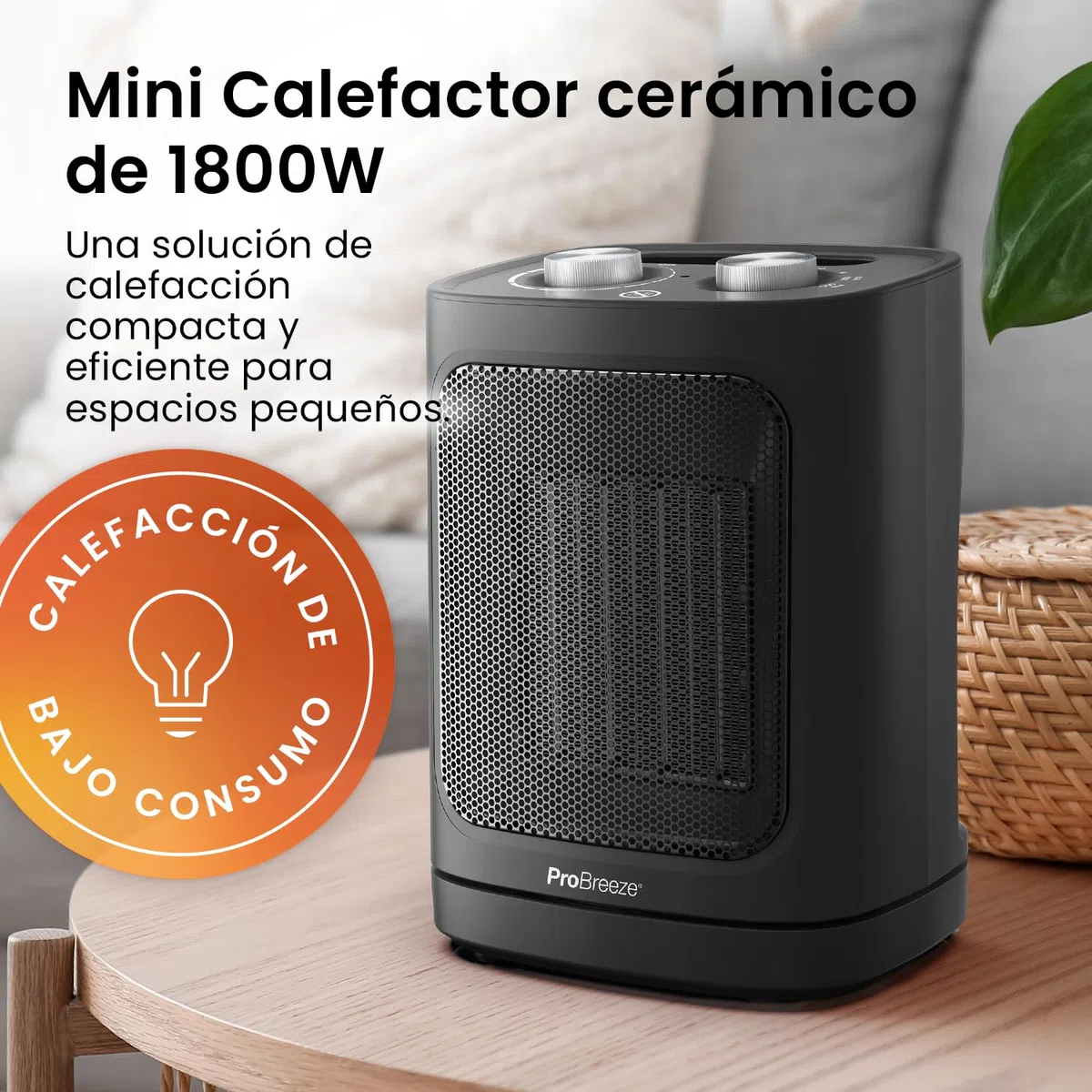 Pro Breeze Calefactor Bajo Consumo 1800 W con Oscilación Automática y 2 Niveles de Potencia – Para Casa, Habitaciones y Oficinas - Estufa Eléctrica