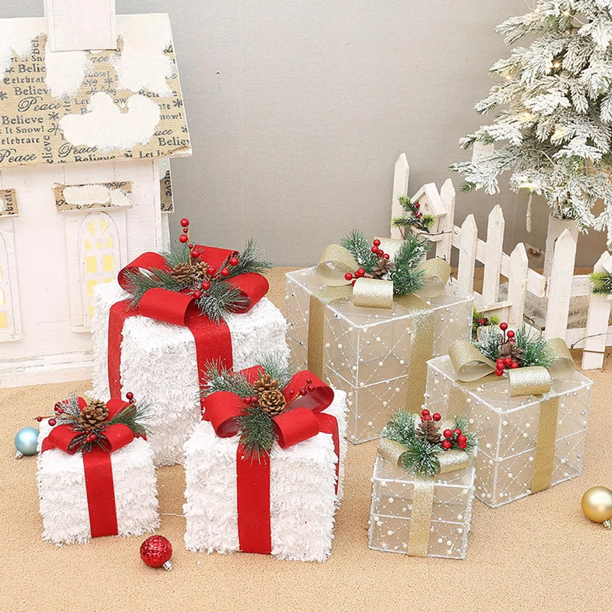 Juego de 3 Cajas de Regalo Iluminadas de Navidad,Decoración de Caja de Nochebuena,Iluminaciones de Navidad,Blanco Cálido Decorado con un lazo,agujas de pino y frutos rojos,para Hogar Jardín Fiesta