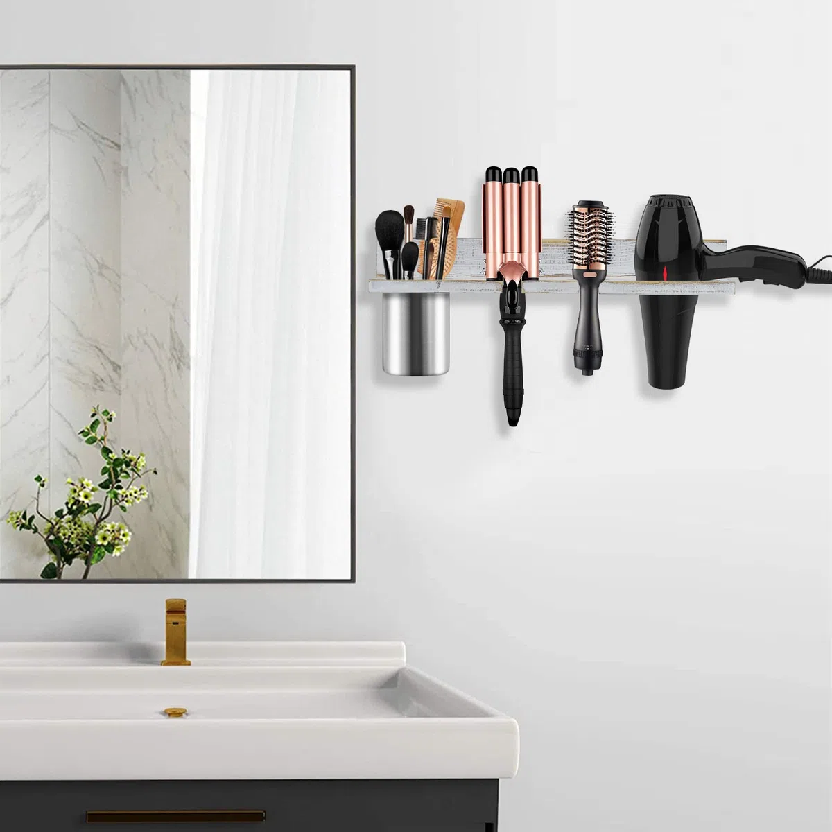 Organizador de herramientas para el cabello montado en la pared, construcción de madera de pino resistente, taza de acero inoxidable extraíble, sostiene secadores de pelo, alisadores, rizadores