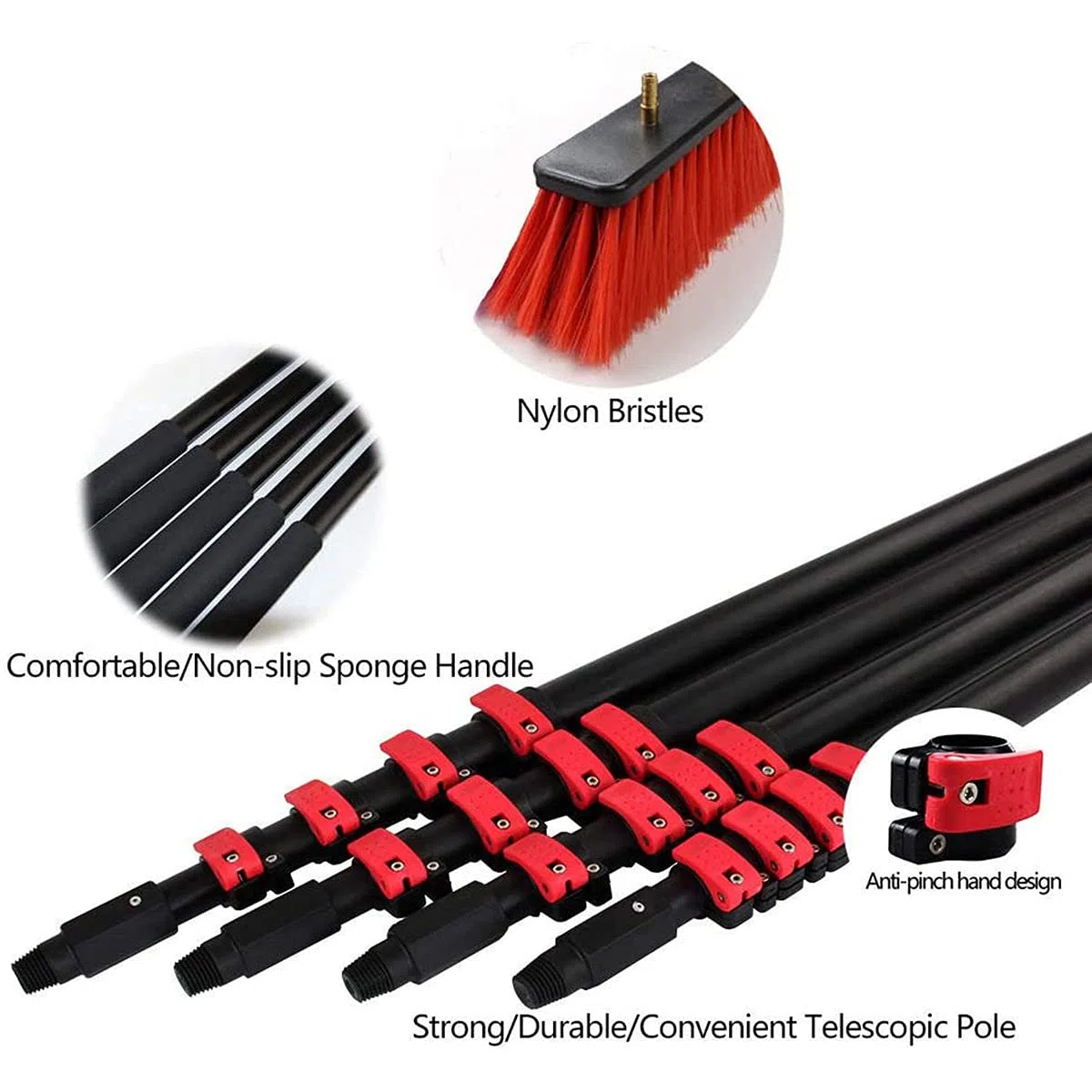 Kit de poste de alimentación de 12 pies para limpieza de ventanas y energía solar, cepillo para hacer frente con agujero, ideal para una limpieza eficiente de ventanas y paneles solares, color rojo