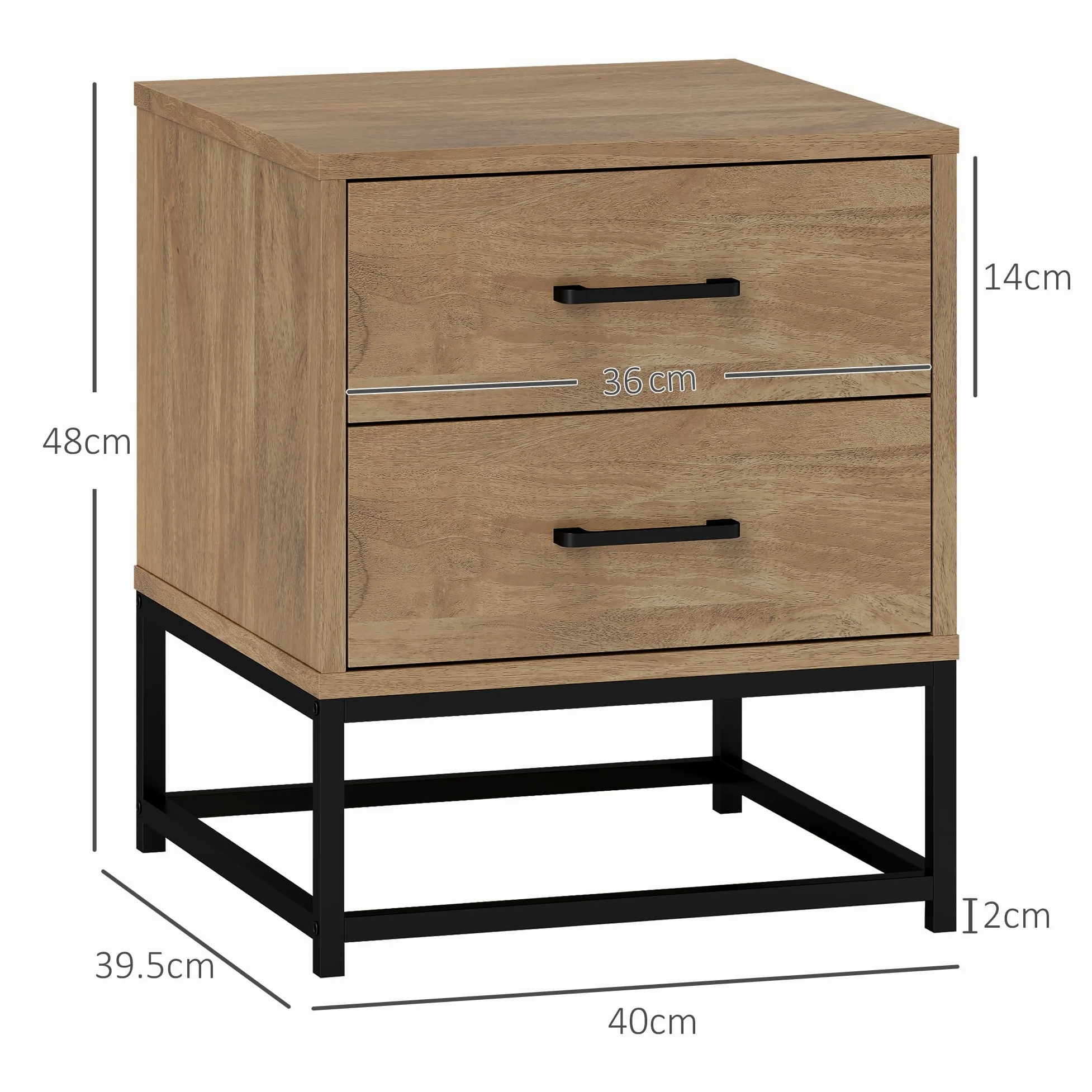 HOMCOM Juego de 2 Mesillas de Noche con 2 Cajones, Pareja de Mesillas de Noche de Estilo Industrial en Madera y Acero, Mesillas Auxiliares para Sofá, Sala de Estar, Salón y Dormitorio, 40x39.5x48 cm, | Estilo industrial de madera y acero, mesas auxiliares