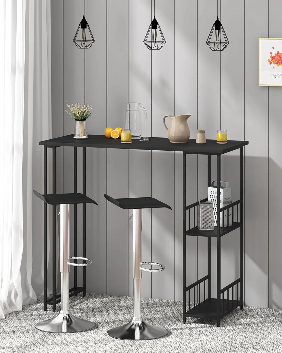WOLTU Mesa de Bar de Bistro de Comedor con 2 Estantes, Estructura de Metal, MDF, 120x50x105cm (WxDxH) Negro BT25sz