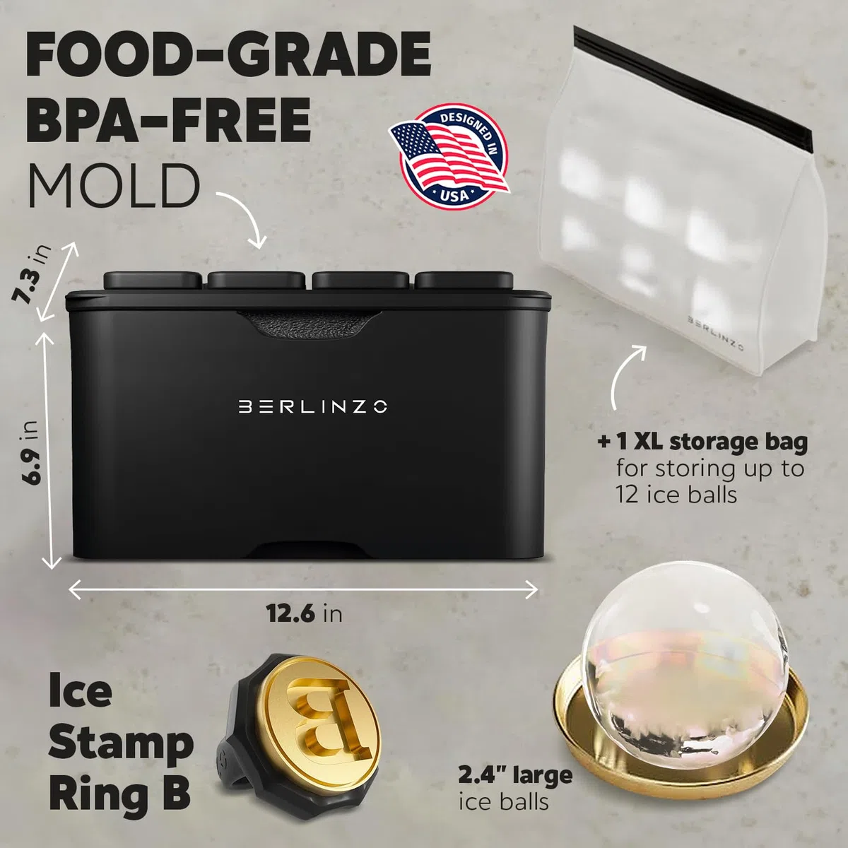 Berlinzo Máquina de bolas de hielo transparentes de alta calidad, 8 bolas de hielo grandes de 2.4 pulgadas para whisky, cócteles y bourbon, molde fácil de quitar para esferas de hielo, bolsa de