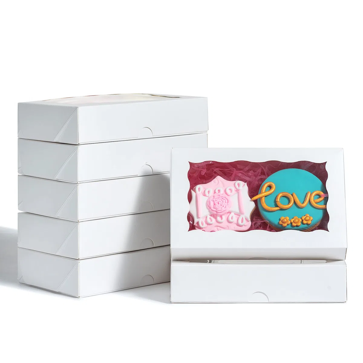 RomanticBaking Paquete de 50 cajas de galletas blancas de 7 x 4 3/8 x 1 1/2 pulgadas, cajas de panadería resistentes con ventana, cajas de macarrón, cajas de bombas de chocolate caliente, cajas de