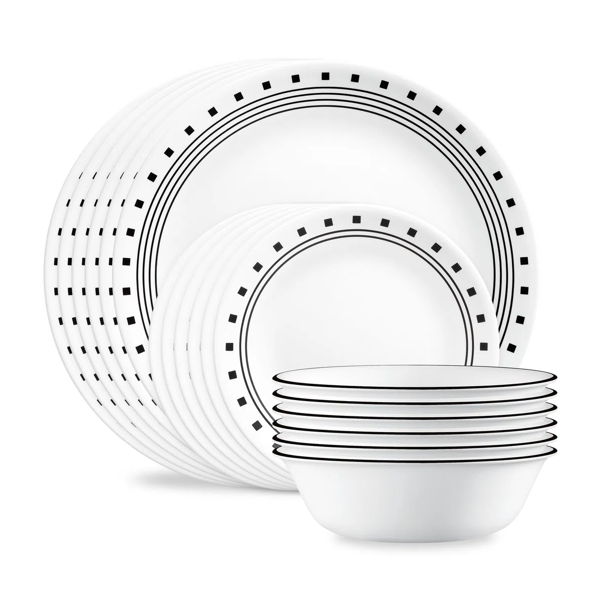 Corelle Juego de vajilla de 18 piezas, bloque de ciudad, servicio en blanco y negro para 6, vajilla resistente a las astillas, incluye platos llanos de 26 cm, platos de ensalada de 17 cm y cuencos de