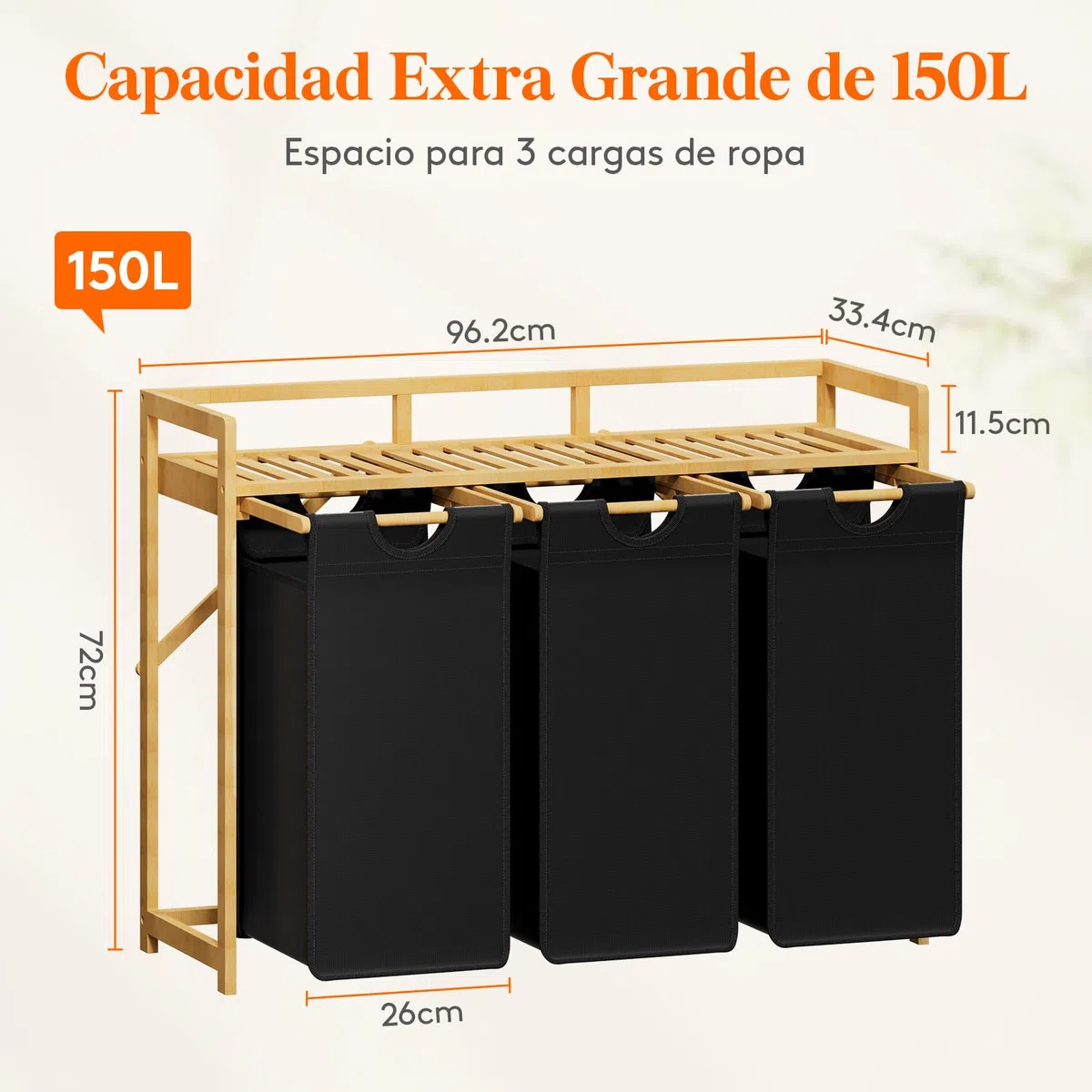 Lifewit Cesto para la Ropa 150L con 3 Compartimentos, Gran Cesta de Ropa con 3 Bolsas Extraíbles, Mueble para Ropa Sucia para Dormitorio, Baño, Lavadero, Negro