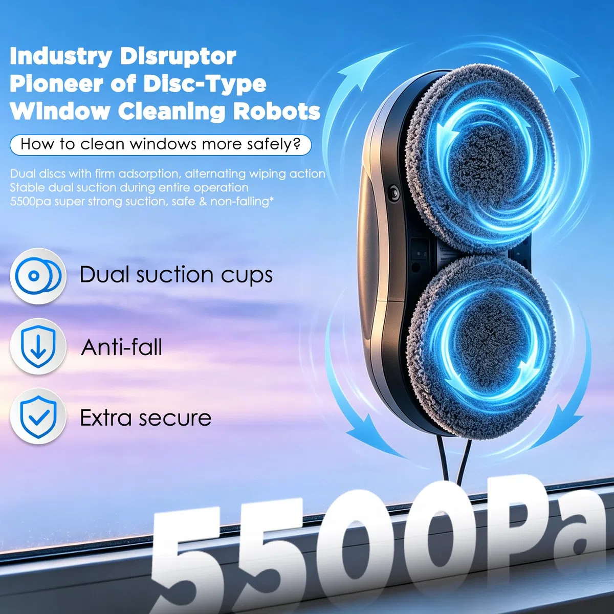 Robot limpiador de ventanas inalámbrico, robot automático para ventanas con potencia de succión de 6000 Pa, doble spray y depósito de agua de 500 ml, limpiador eléctrico de ventanas con 3