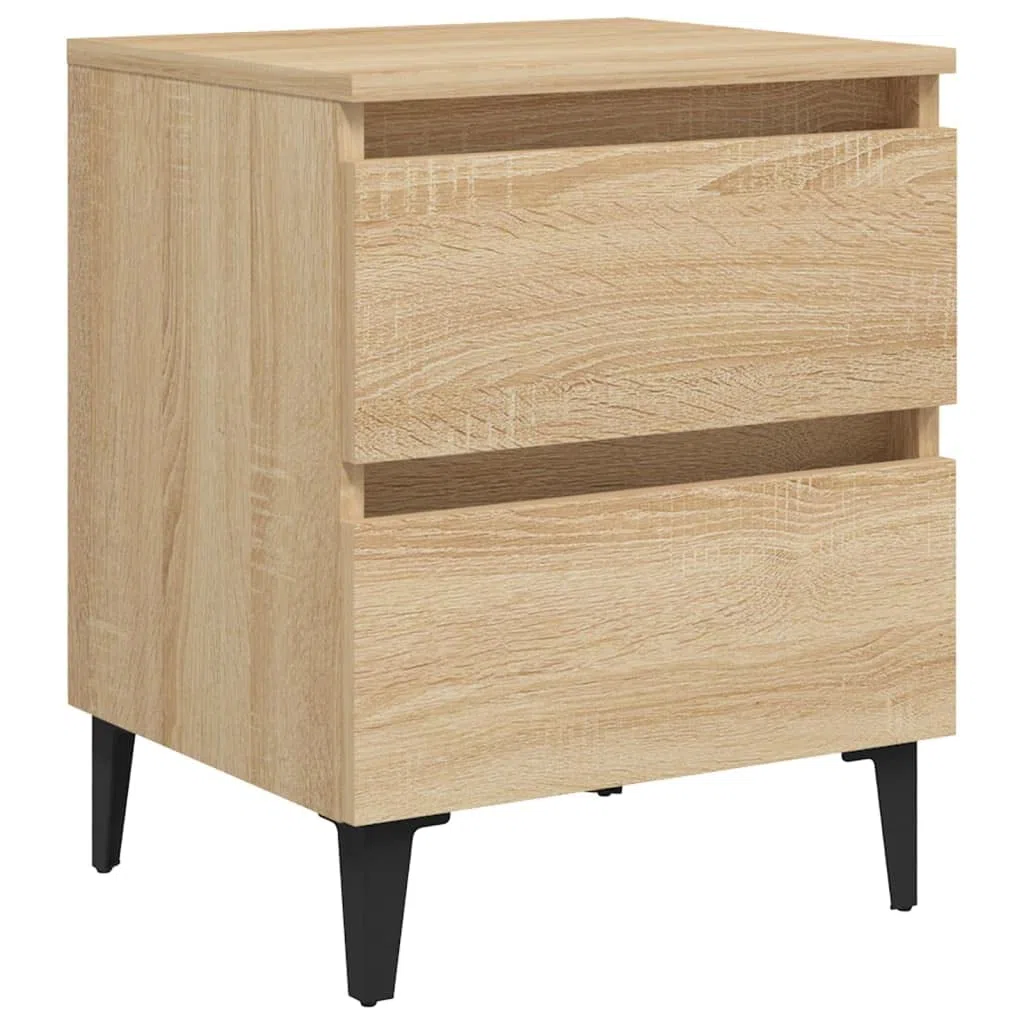 Mesita de noche de roble Sonoma, 40 x 35 x 50 cm, material de madera con dos cajones y cuatro patas de metal para almacenamiento y estabilidad, encanto industrial, fácil de limpiar con humedad