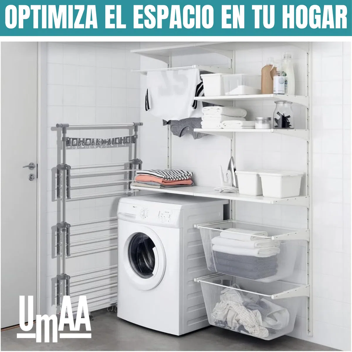 UMAA Tendedero Vertical Plegable Tendedero de Ropa con 6 Ruedas 2 Laterales Abatibles Estantes Ajustables y Marco de Acero Inoxidable para Interior y Exterior Blanco (167 X 67 X 165 CM)