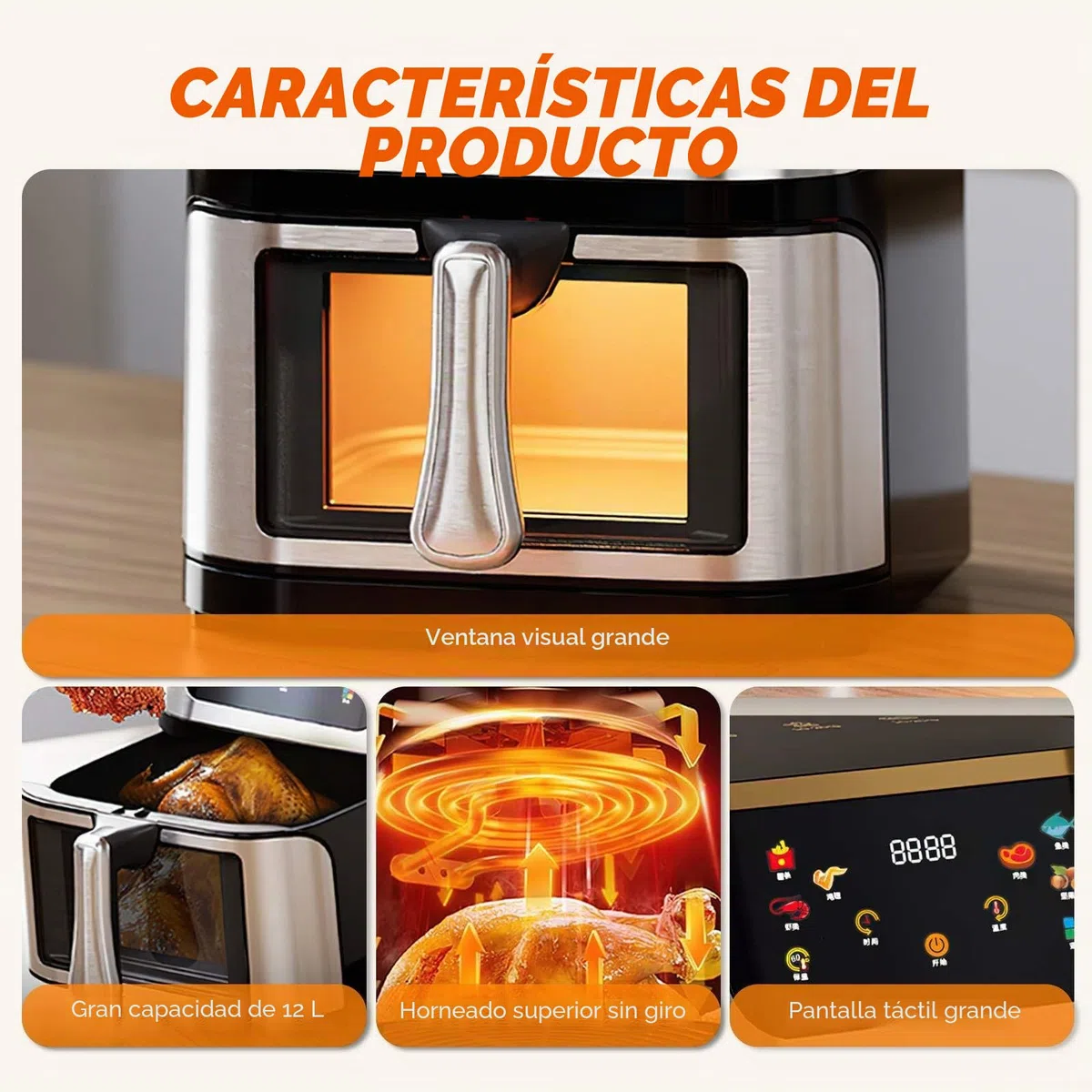 Air Fryer 12L,Freidora de aire con ventana de visualización,Pantalla táctil digital,Menos grasa,Circulación de aire caliente,Menús Preprogramados Saludables,Cocción rápida a alta temperatura de 210℃