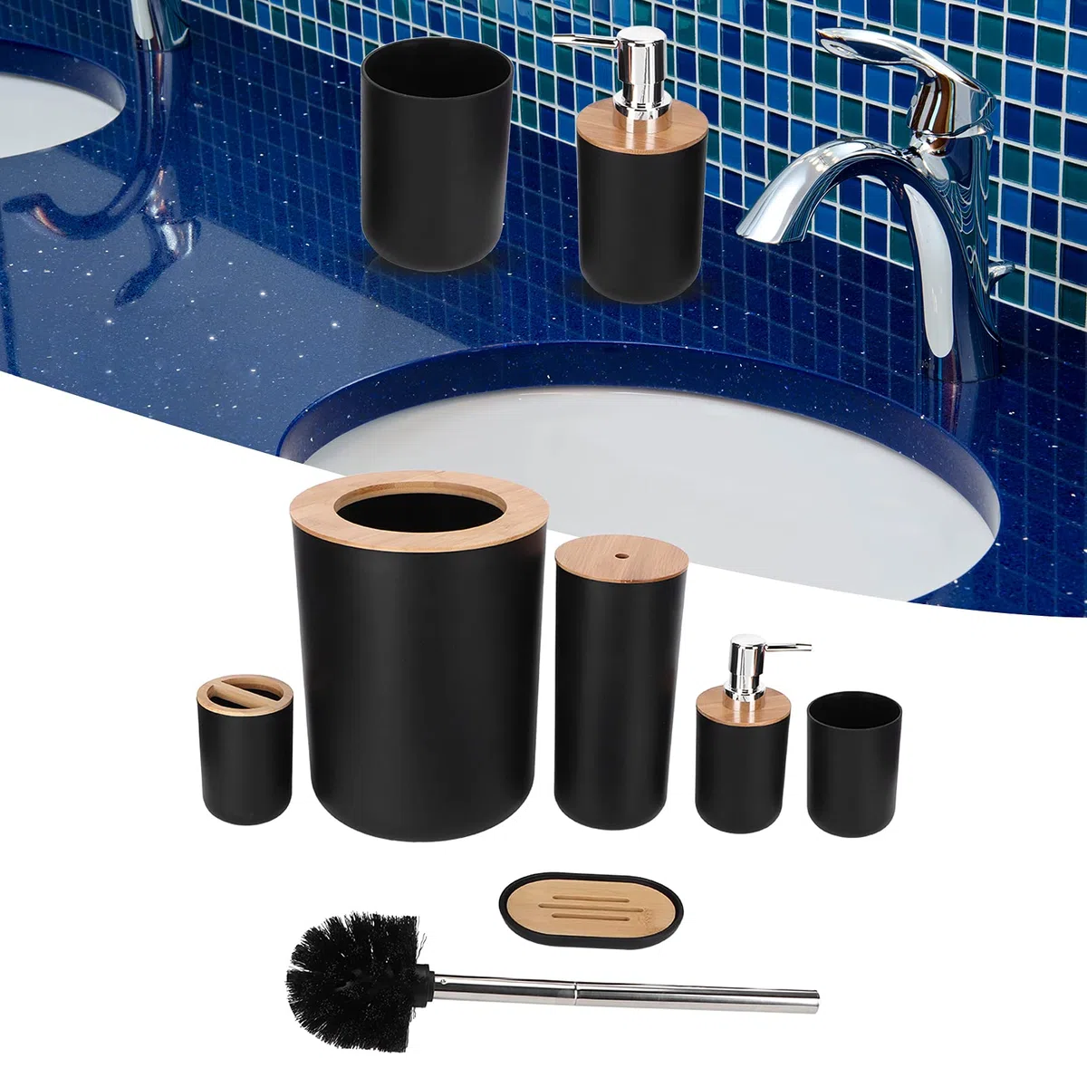 Juego de accesorios de baño de bambú, 6 piezas, kit de limpieza, soporte para cepillo de dientes, dispensador de jabón, jabonera, taza, cepillo de inodoro para decoración del hogar