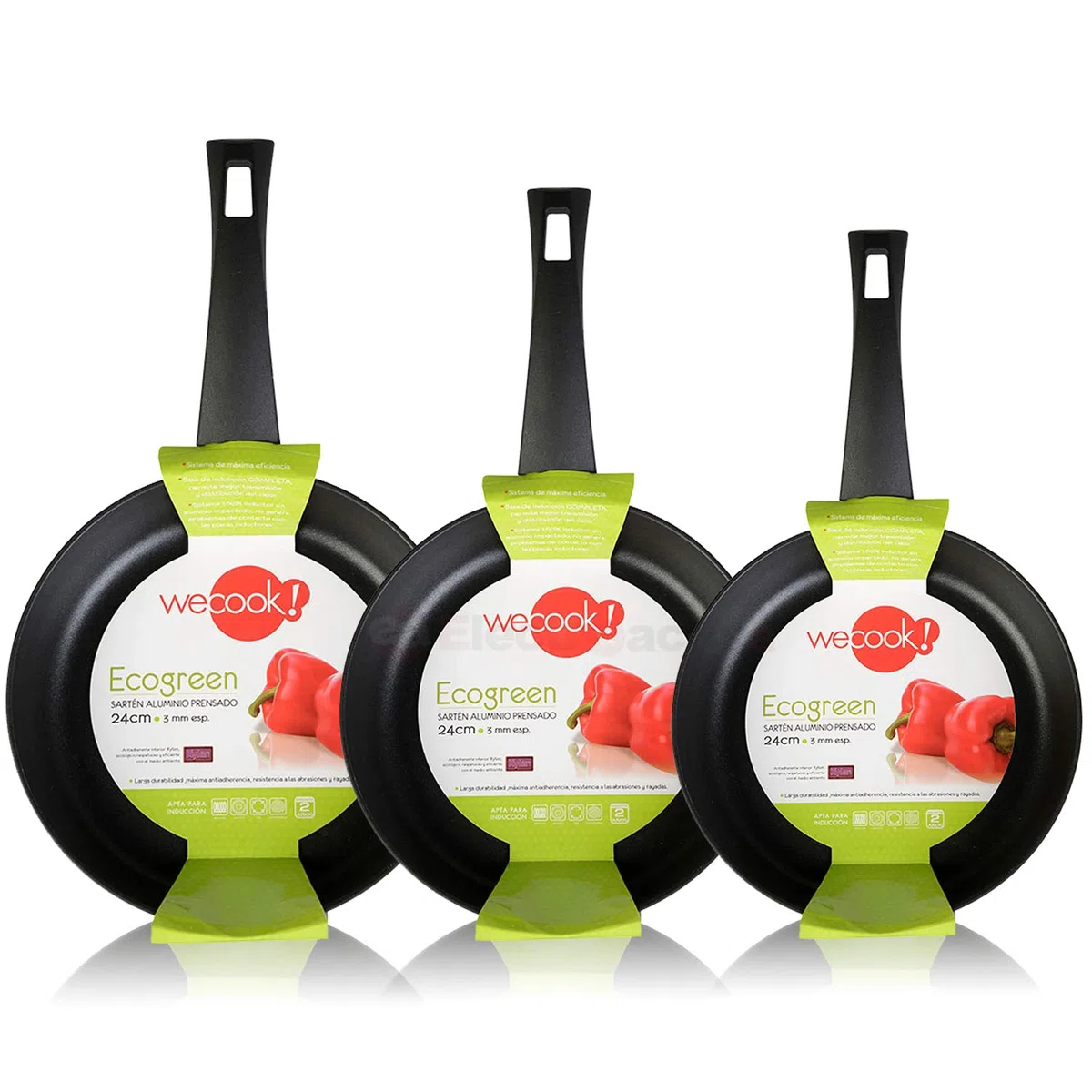 WECOOK! Ecogreen Set Juego 3 Sartenes 18-20-24 cm Aluminio, inducción, Antiadherente ecológico sin PFOA, Limpieza lavavajillas Apta para Todas Las cocinas, vitroceramica, Gas, Negro