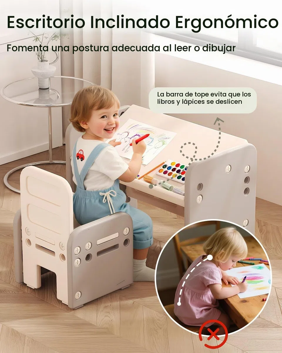 Mesa y Silla para Niños, Mesa de Actividades con Superficie Inclinada para Dibujar, Leer, Escribir y Jugar(Gris)