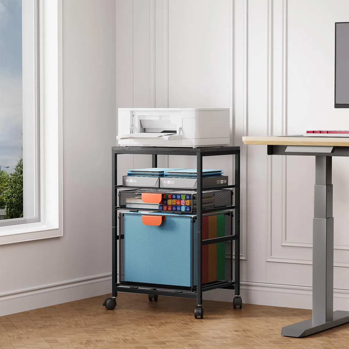 Marbrasse Soporte para Impresora con Almacenamiento,Carrito Grande con Ruedas,Mueble Organizador para Archivador con Cajones,Carrito para Impresora 3D,Teléfono Móvil,Oficina en Casa(Negro)