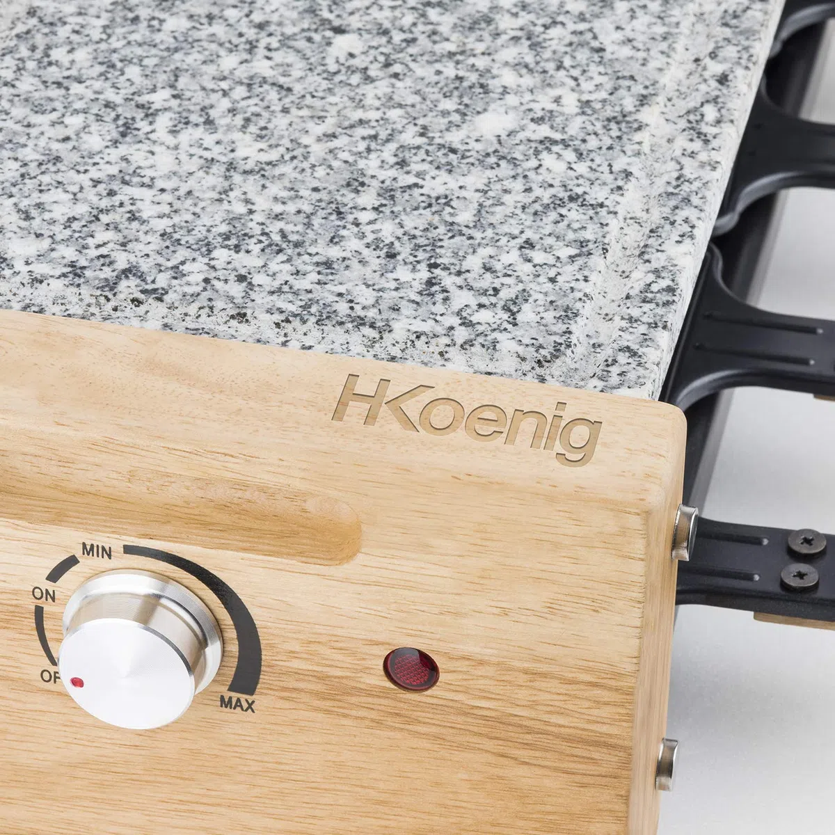 H.Koenig Raclette Multifunción 8 personas WOD8 Diseño en madera natural, Piedra de granito extraíble, Set profesional de fondue de queso raclette, 8 sartenes antiadherentes, 8 espátulas de madera