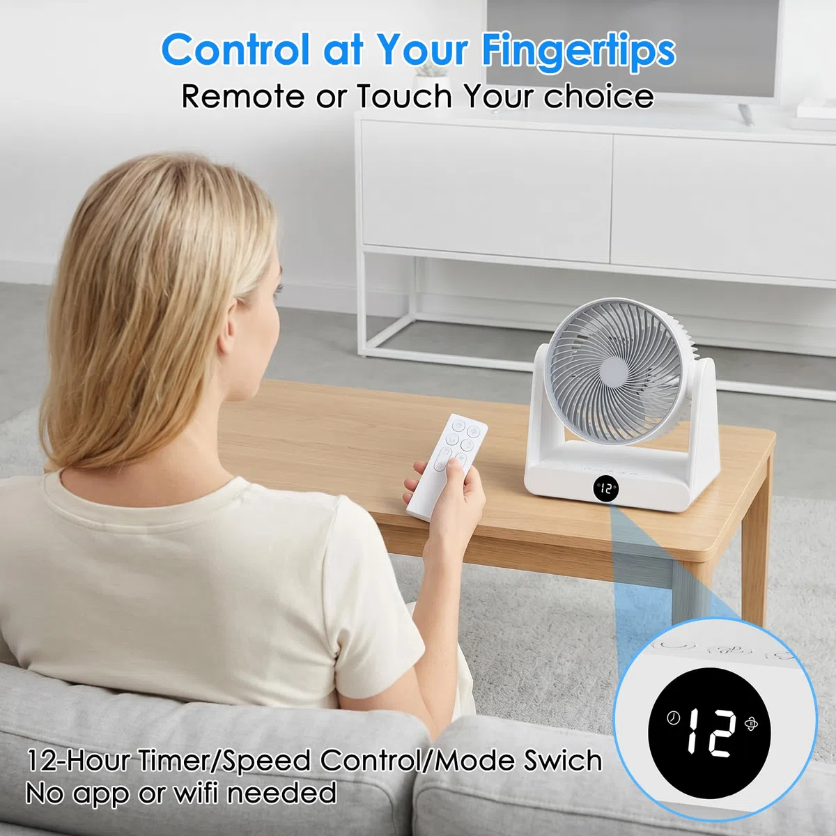 Ventilador de Mesa Silencioso de 12 Velocidades con Mando,Ventilador Pequeño Portatil con Oscilación Automática 90º+90º, Temporizador 12H,Alcance de hasta 10M para Oficina, Dormitorio, 30 m²