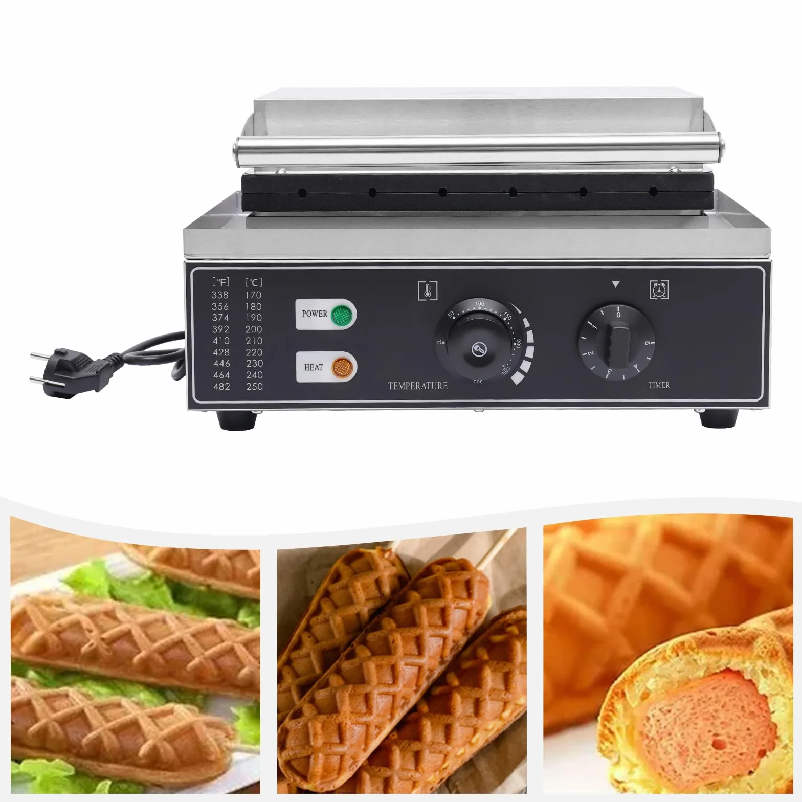 Gofrera eléctrica comercial de acero inoxidable, gofres con temporizador, 50-300 ℃, 1500 W, 220 V