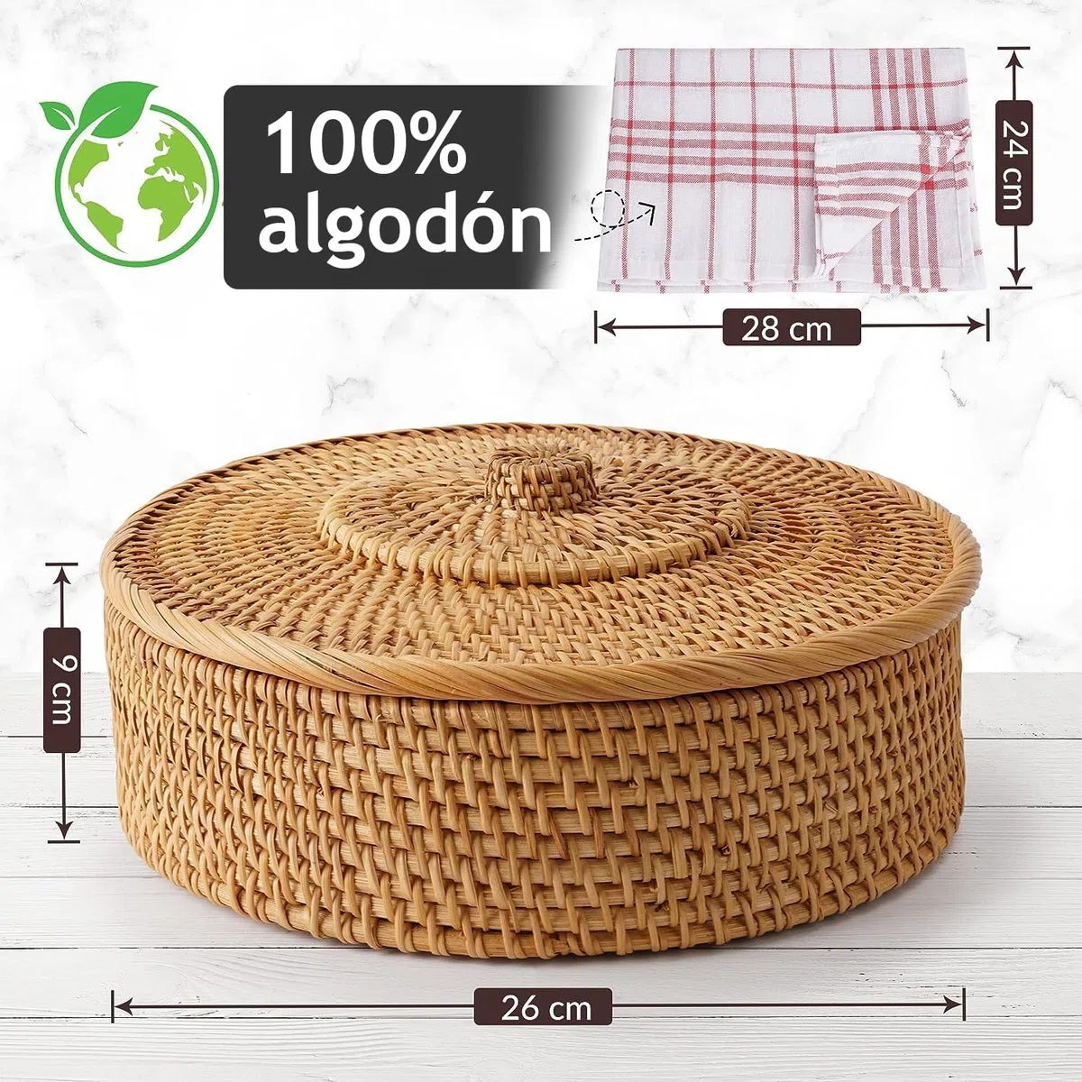 Tortillada - Calentador de Tortillas 26 cm Ratán – Cesta de Pan Hecha a Mano para Tortillas, Wraps y Pan Plano – Incluye Tela de Algodón, Mantiene la Comida Caliente