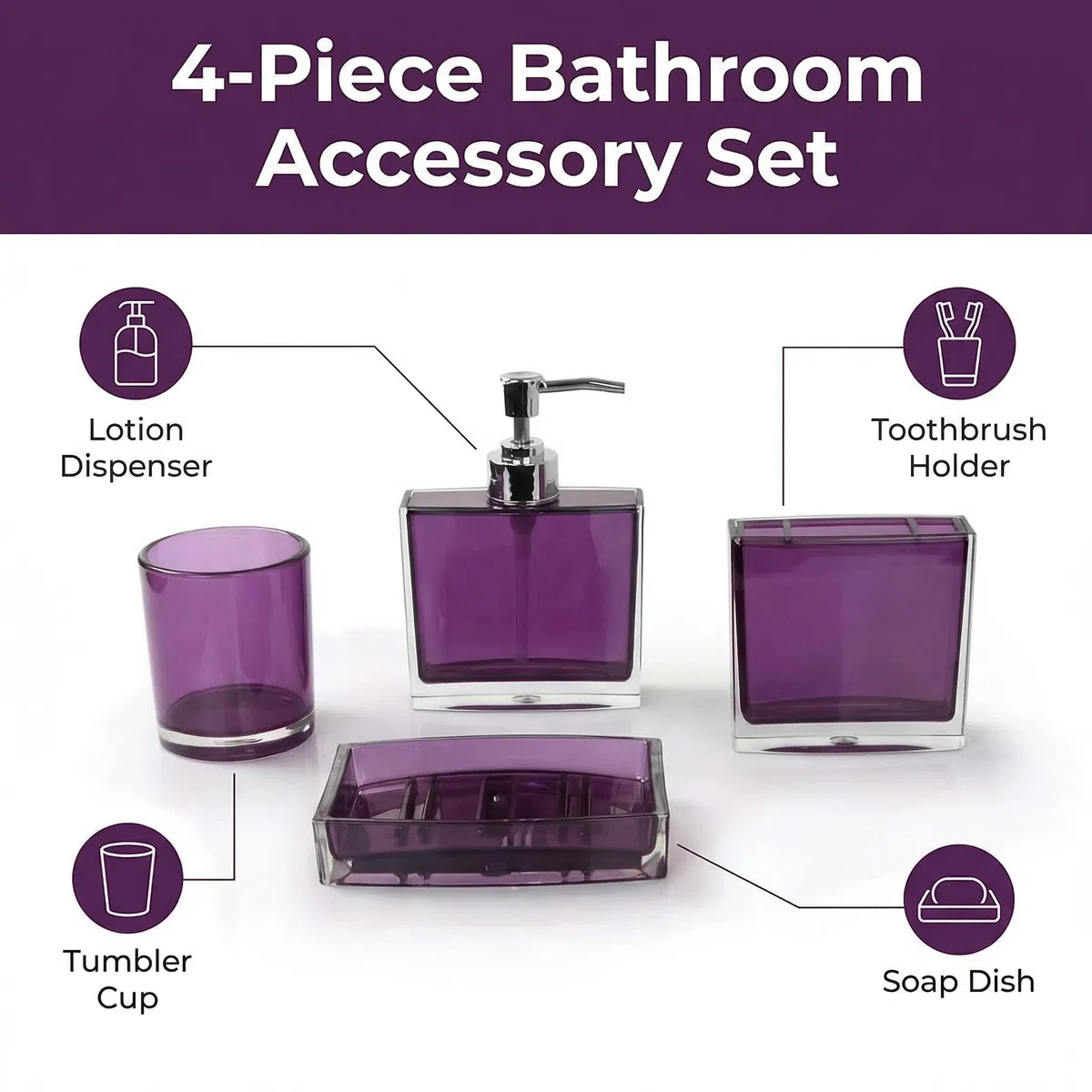 Juego de accesorios de baño, juego de 4 accesorios de baño acrílicos con dispensador de jabón, jabonera, soporte para cepillo de dientes, vaso, decoración moderna de accesorios de baño, regalo para el